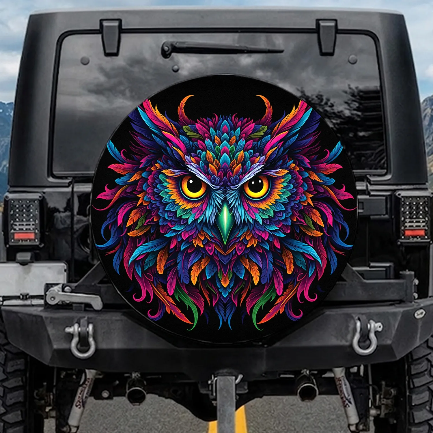 Majestic Owl Face Golden Eyes Layered Feathers - Wildlife Lover Gift Spare Tire Cover - 1