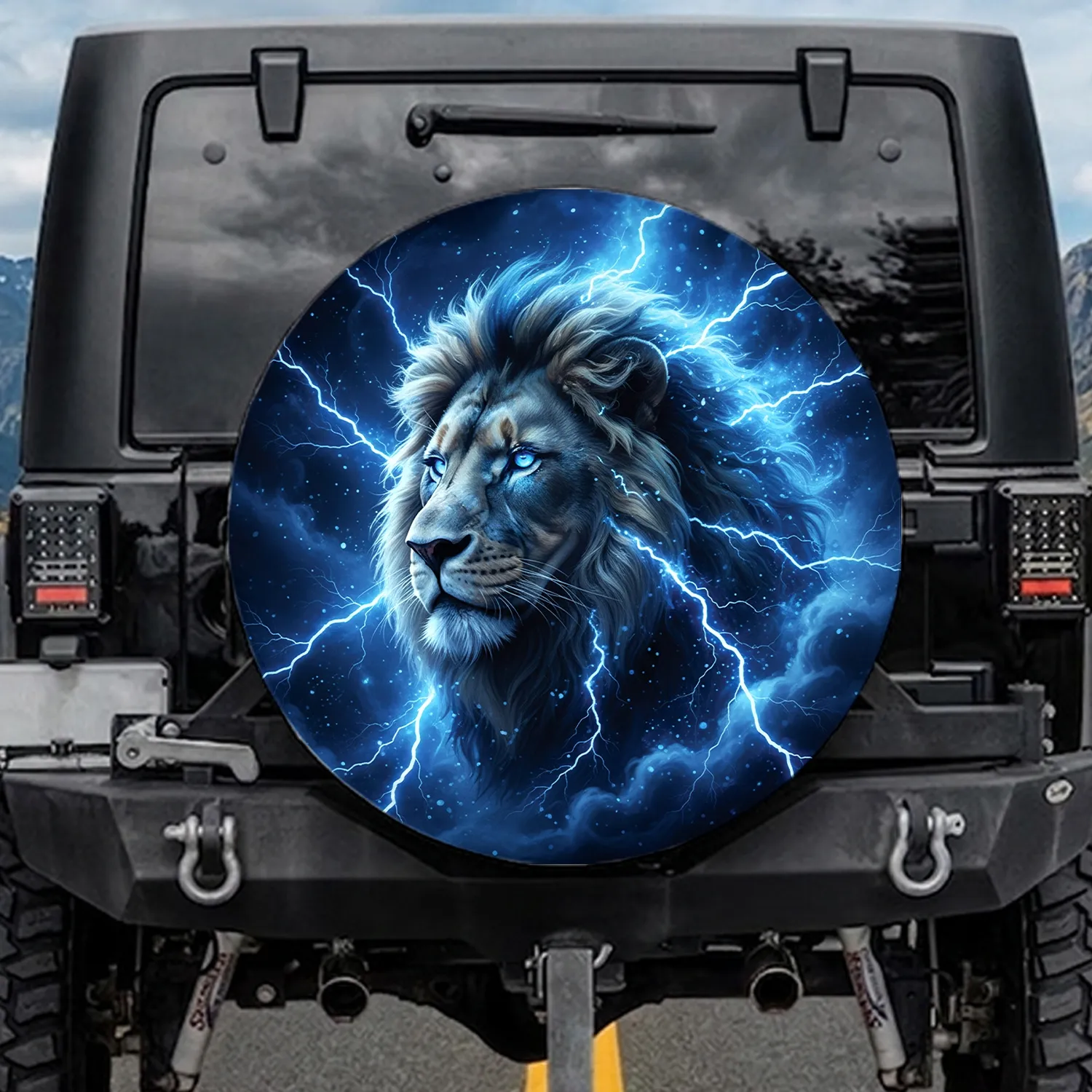 Lion Head Electric Blue Lightning - Wildlife Lover Gift for Animal Lovers Spare Tire Cover - 1