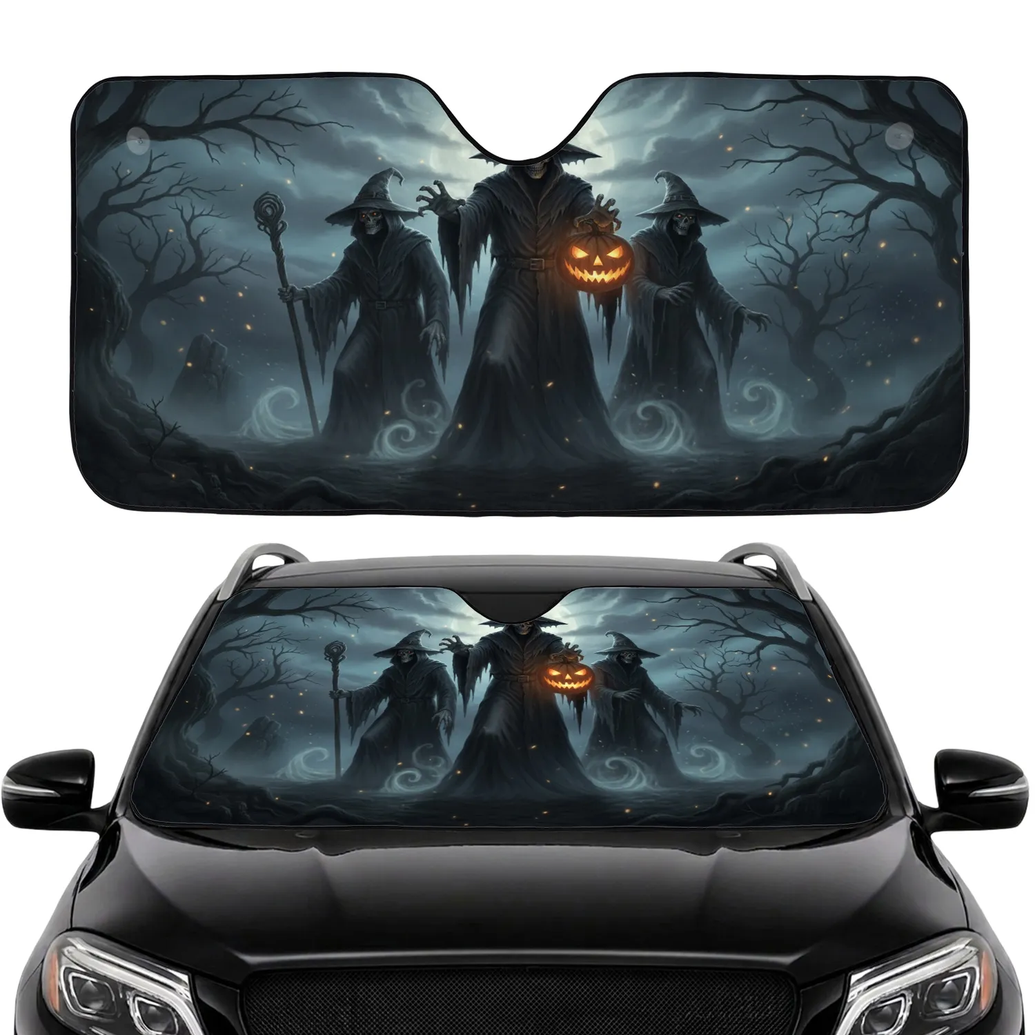 Menacing Grim Reapers Glowing Jack-o'-Lantern - Halloween Spooky Night Decor Car Sunshade - 1
