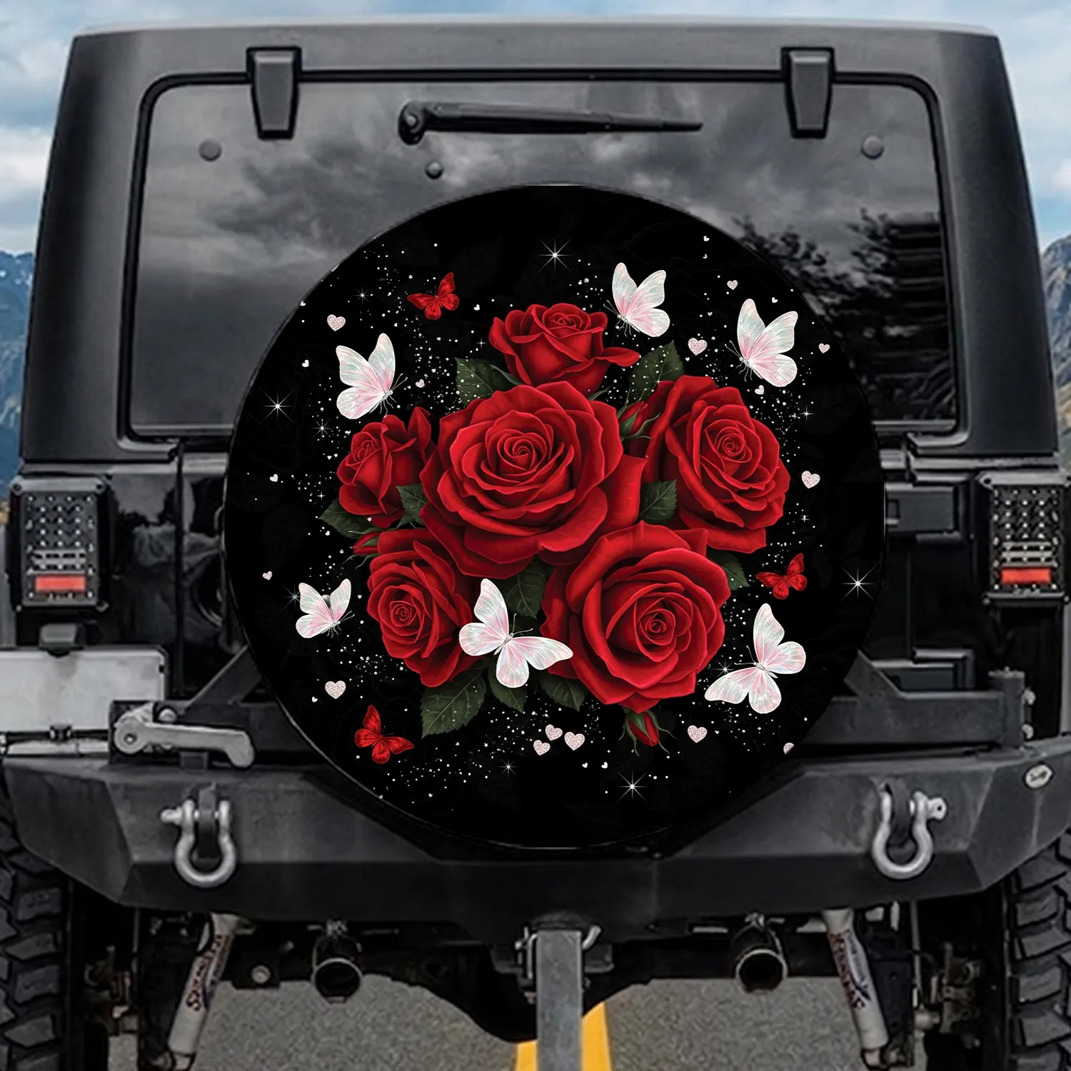 Dark Red Roses Butterflies Glitter Hearts Foliage Decor Gift Spare Tire Cover - 1