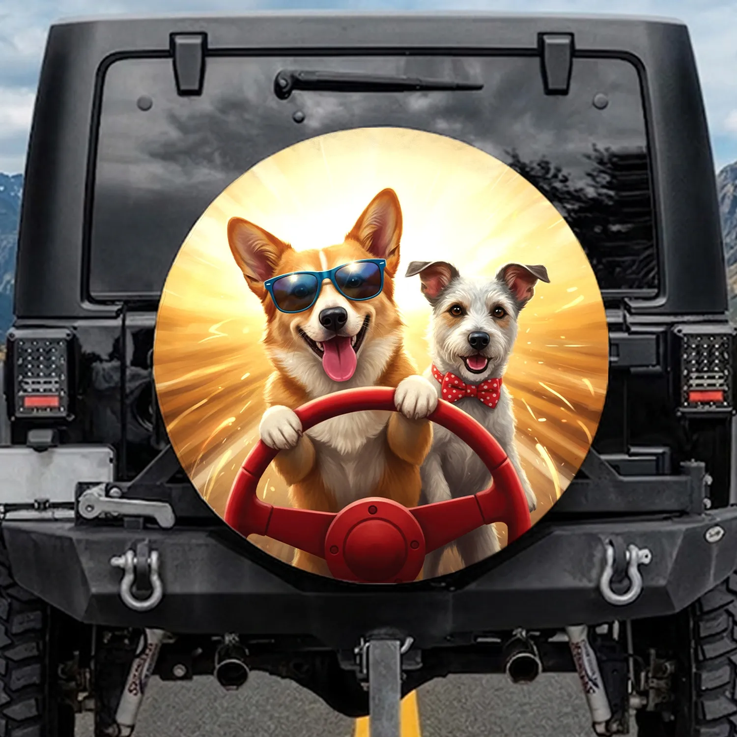 Expressive Dogs Driving Red Steering Wheel - Road Trip Adventure Gift for Dog Lovers Spare Tire Cover - 1