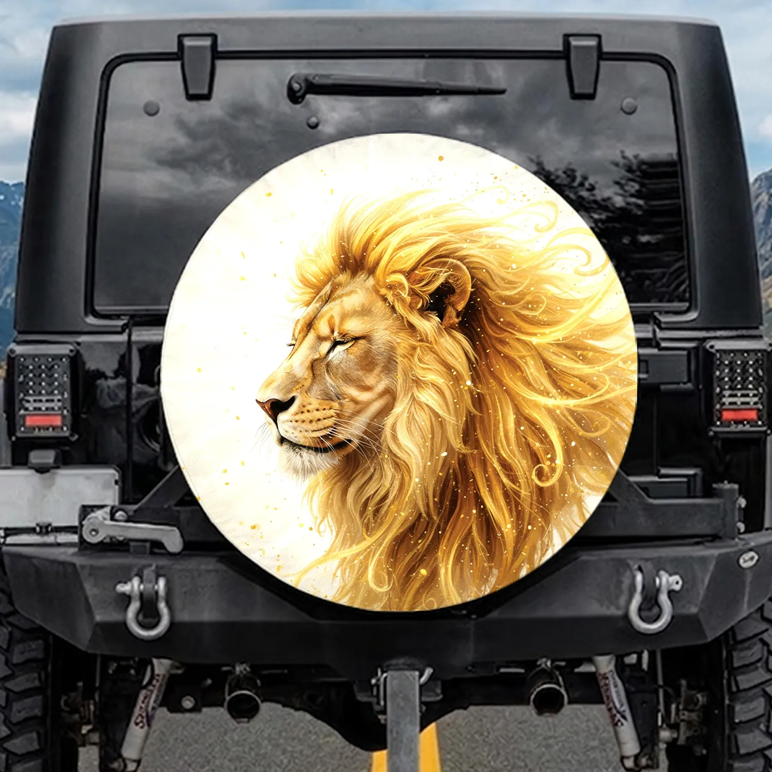 Lion Head Profile Golden Mane Light Streaks - Wildlife Enthusiast Decor Gift Spare Tire Cover - 1