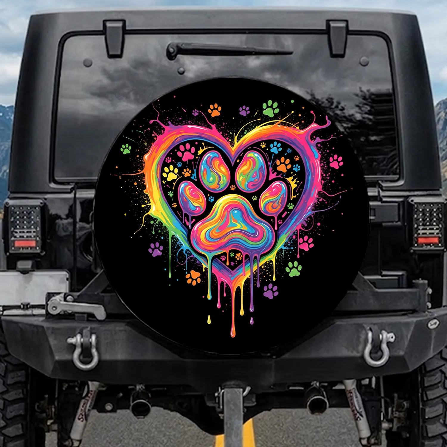Black Neon Rainbow Heart Paw Prints - Pet Owner Lifestyle Vehicle Accessory Spare Tire Cover - 1