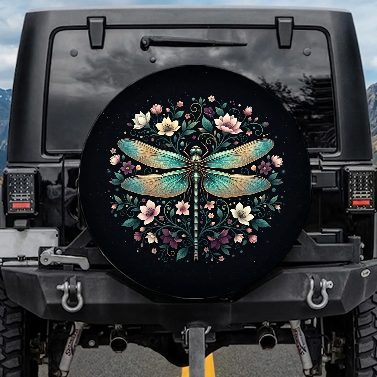 Teal Gold Iridescent Dragonfly Floral Vines Shimmering Stardust - Nature Lover Gift Spare Tire Cover - 1