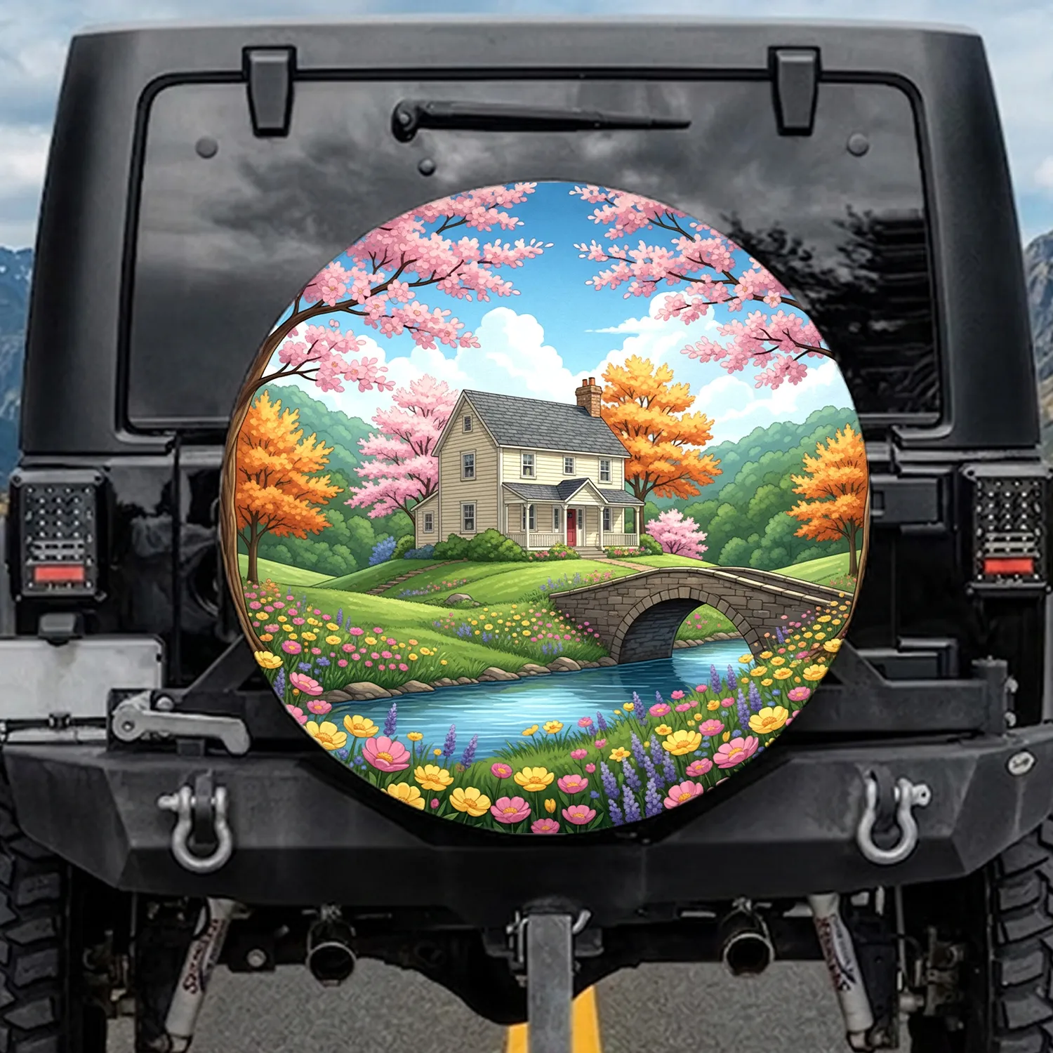 Cream House River Bridge Green Hill Flowers Trees Sky Scene Decor Gift Spare Tire Cover - 1
