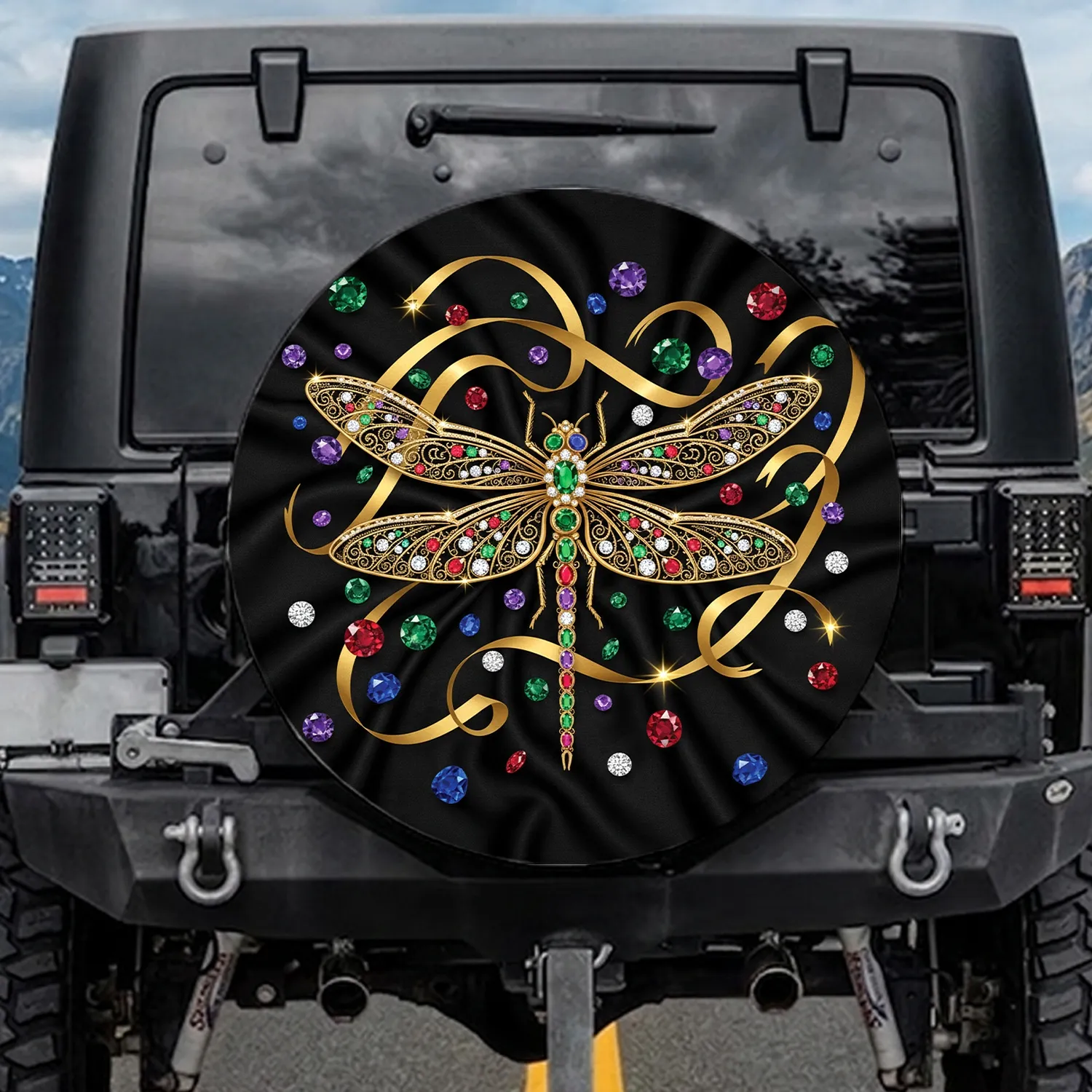 Emerald Ruby Sapphire Amethyst Gold Filigree Dragonfly Black Silk - Luxury Decor Gift Spare Tire Cover - 1
