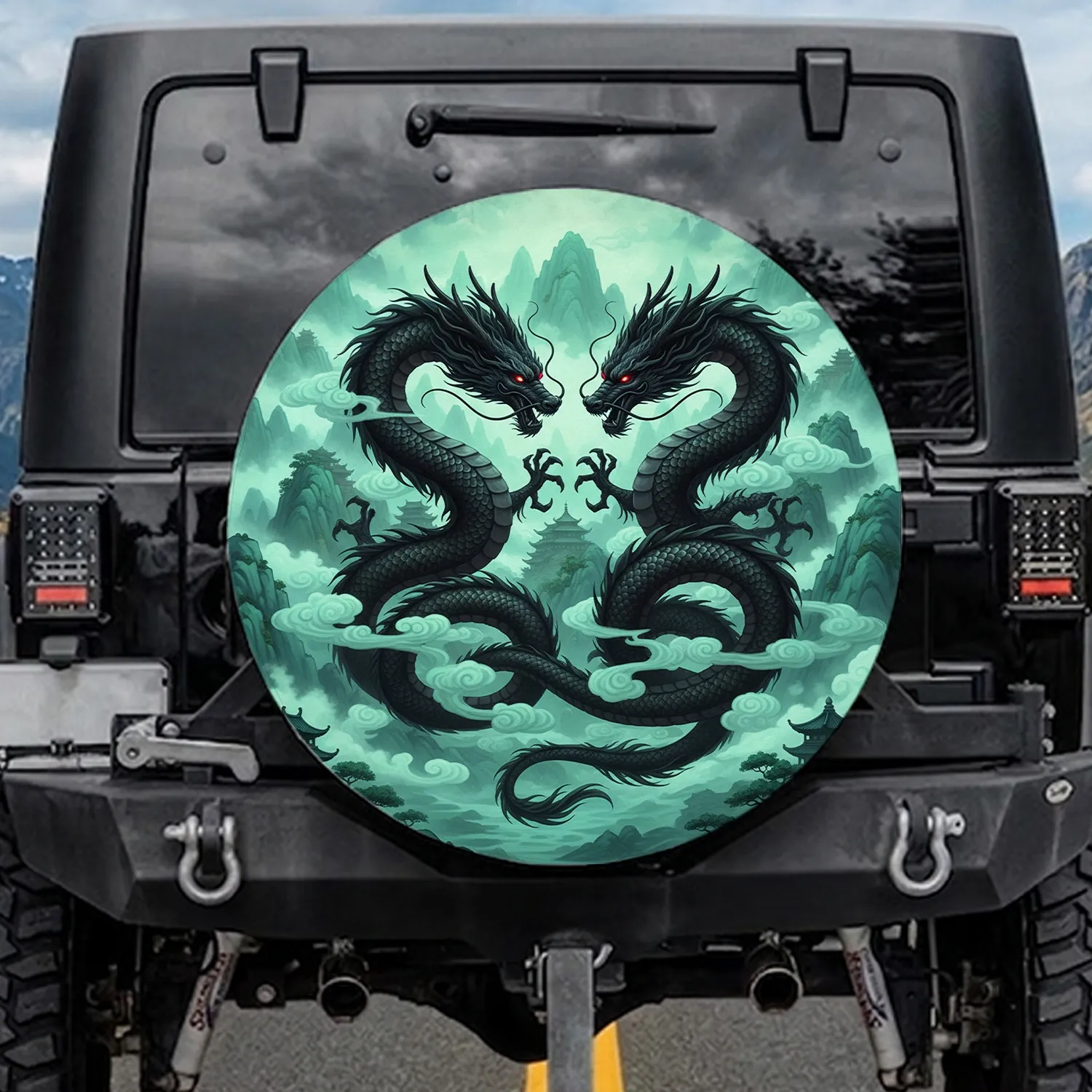 Black Eastern Dragons Jade Teal Mist Pagoda - Fantasy Decor Gift Spare Tire Cover - 1