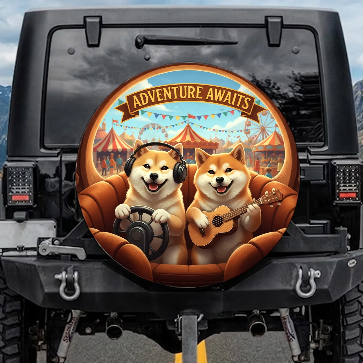 Shiba Inu Dogs Headphones Ukulele Fairground - Dog Lover Gift Spare Tire Cover - 1