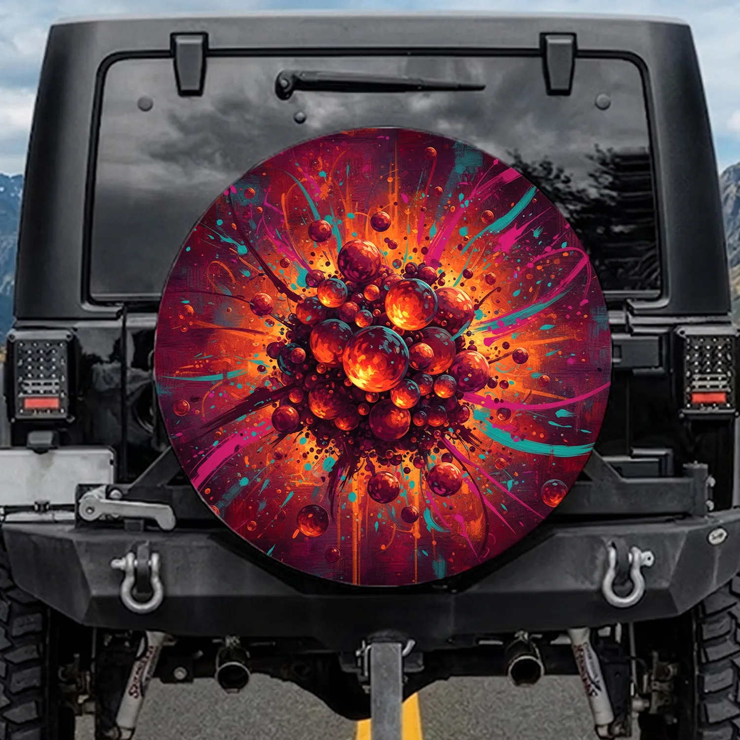 Sphere Discs Cluster Paint Splatters Crimson Orange Teal Swirls Spare Tire Cover - 1
