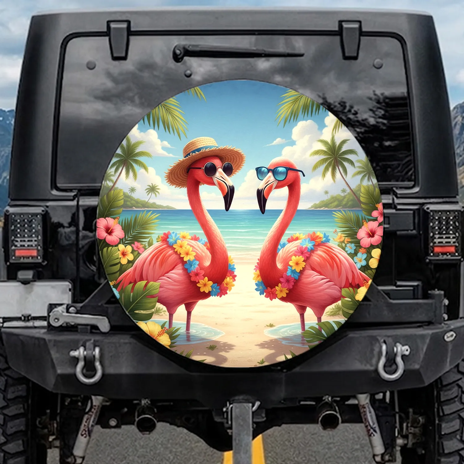 Pink Flamingos Sunglasses Tropical Beach Scene - Vacation Decor Gift Spare Tire Cover - 1