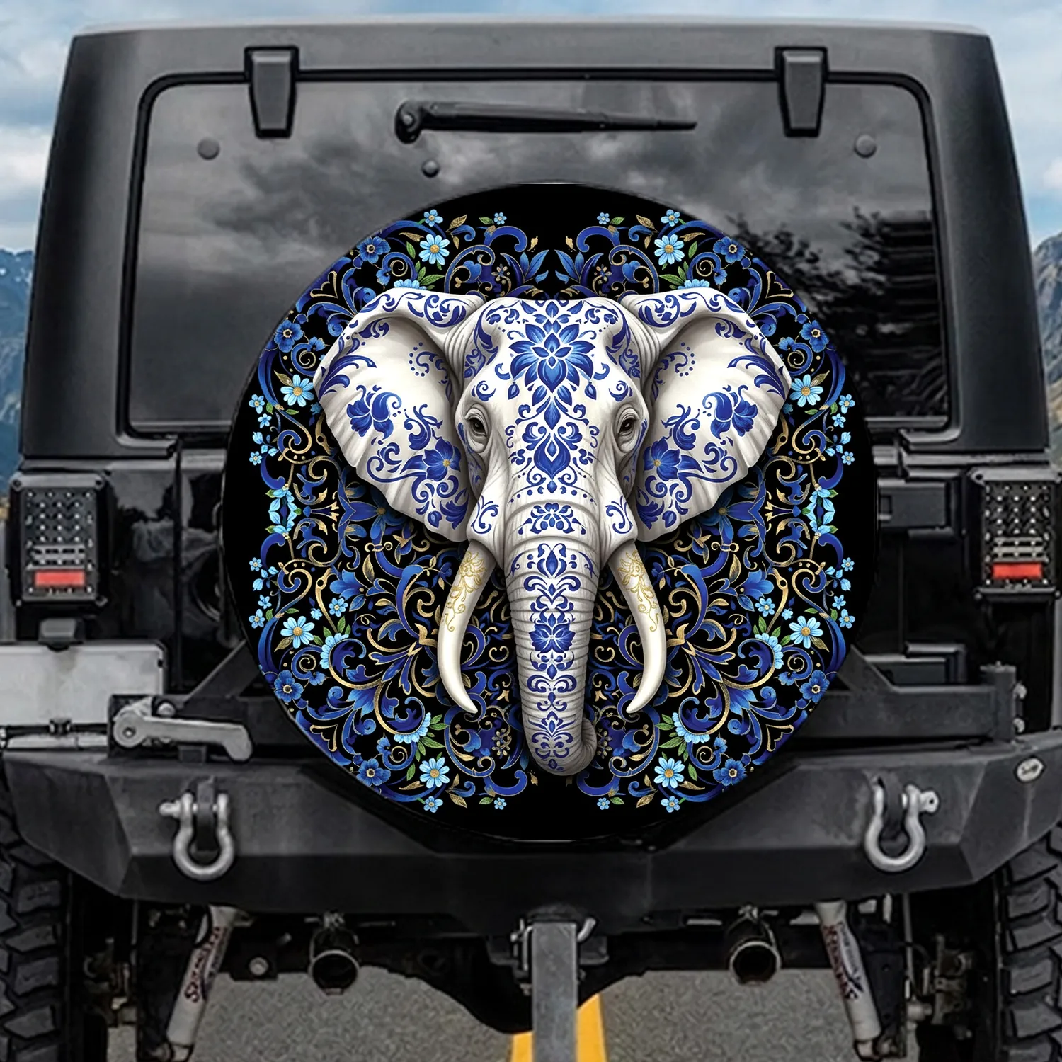 White Elephant Sapphire Blue Gold Floral Scrollwork Spare Tire Cover - 1