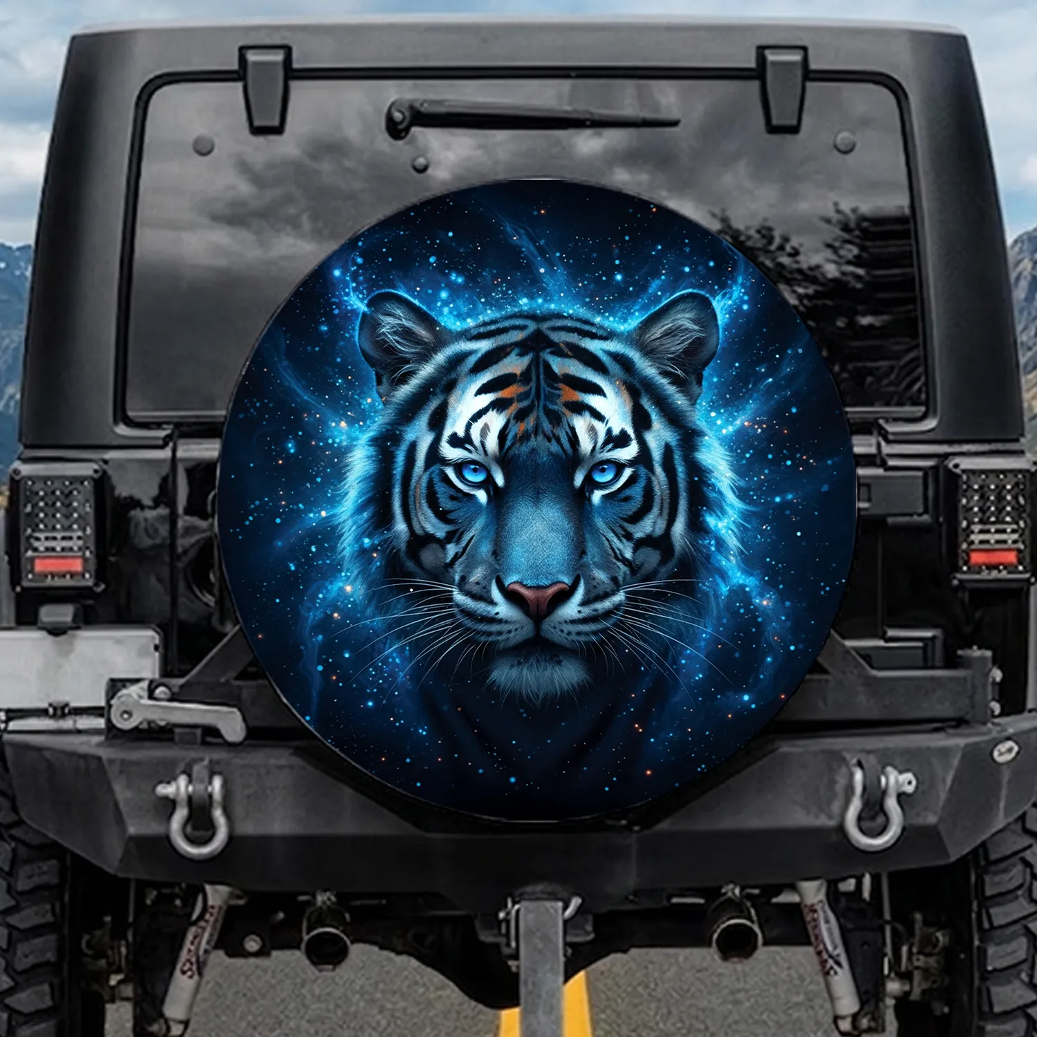 Blue Black Tiger Luminous Electric Eyes Ethereal Cosmic Dust - Wildlife Lover Decor Gift Spare Tire Cover - 1