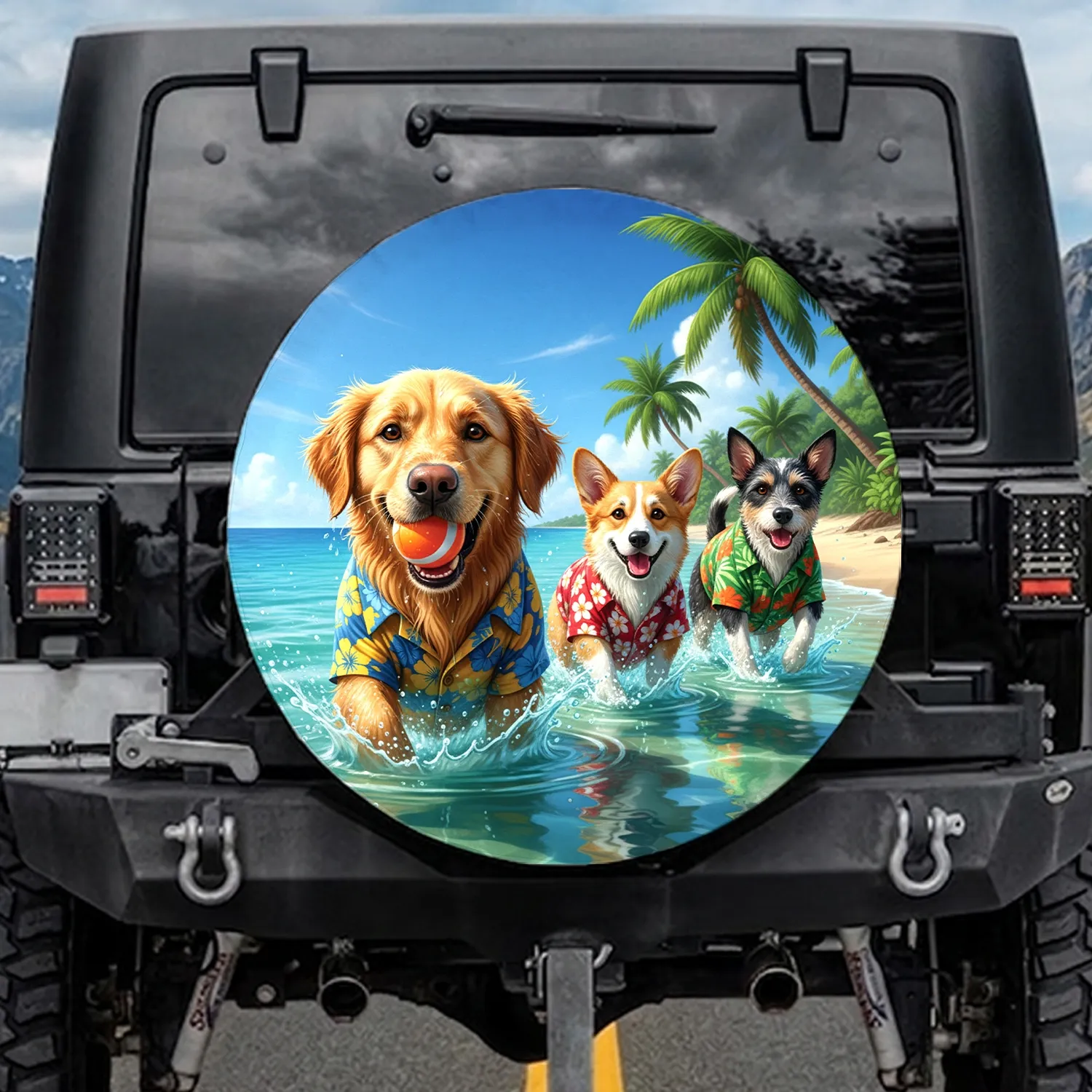 Happy Wet Dogs Hawaiian Shirts Tropical Beach - Dog Lover Beach Day Gift Spare Tire Cover - 1