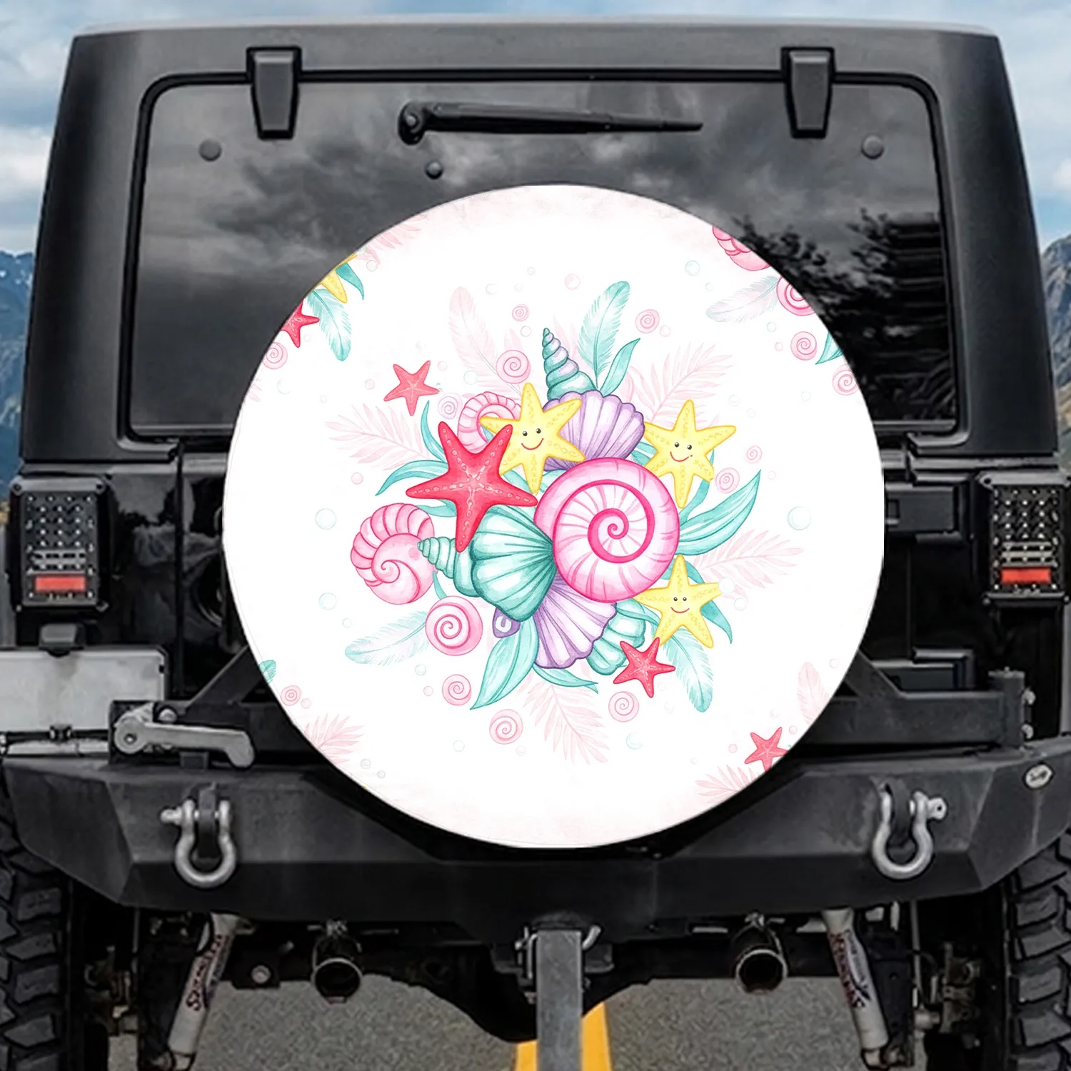 Pink Seashell Conch Starfish Palm Frond Marine Life Watercolor Spare Tire Cover - 1