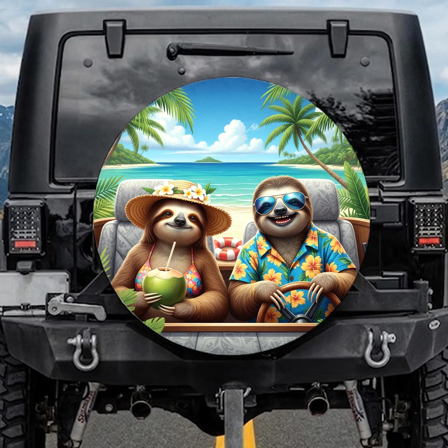 Driving Sloth Couple Tropical Beach - Road Trip Gift for Sloth Lovers Spare Tire Cover - 1