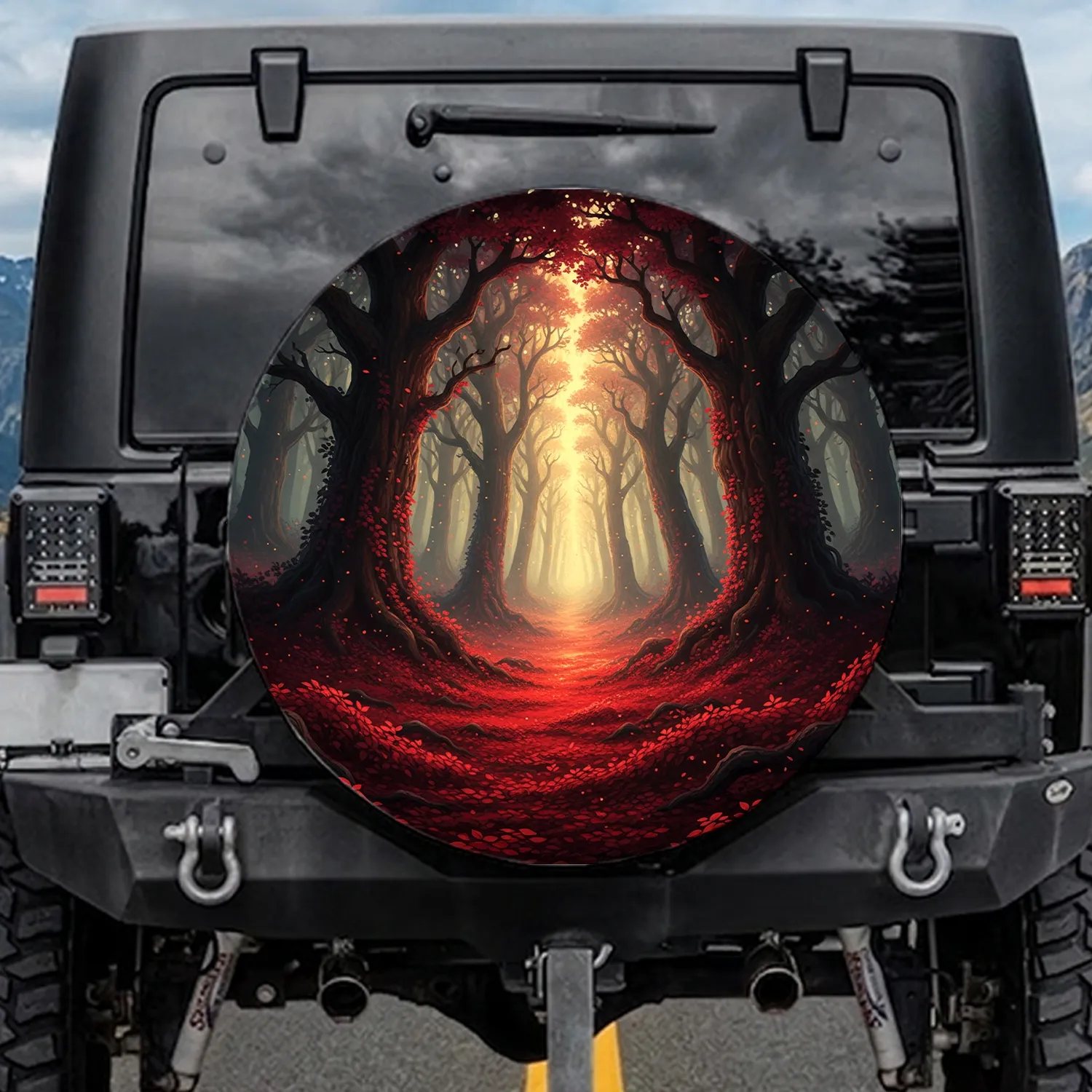 Red Foliage Mystical Forest Ancient Towering Trees Dramatic Light Spare Tire Cover - 1