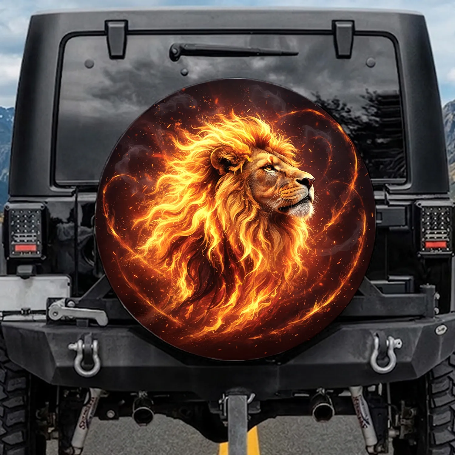 Lion Head Mane Flames Embers Smoke Trails Light Trails Sparks - Wildlife Lover Gift Spare Tire Cover - 1