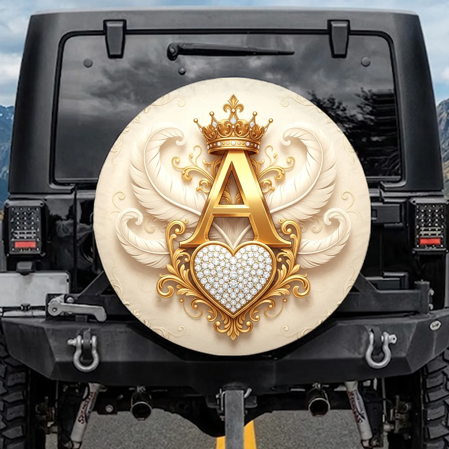 Golden A Letter Royal Crown Diamond Heart Ornate Filigree Feathers Spare Tire Cover - 1