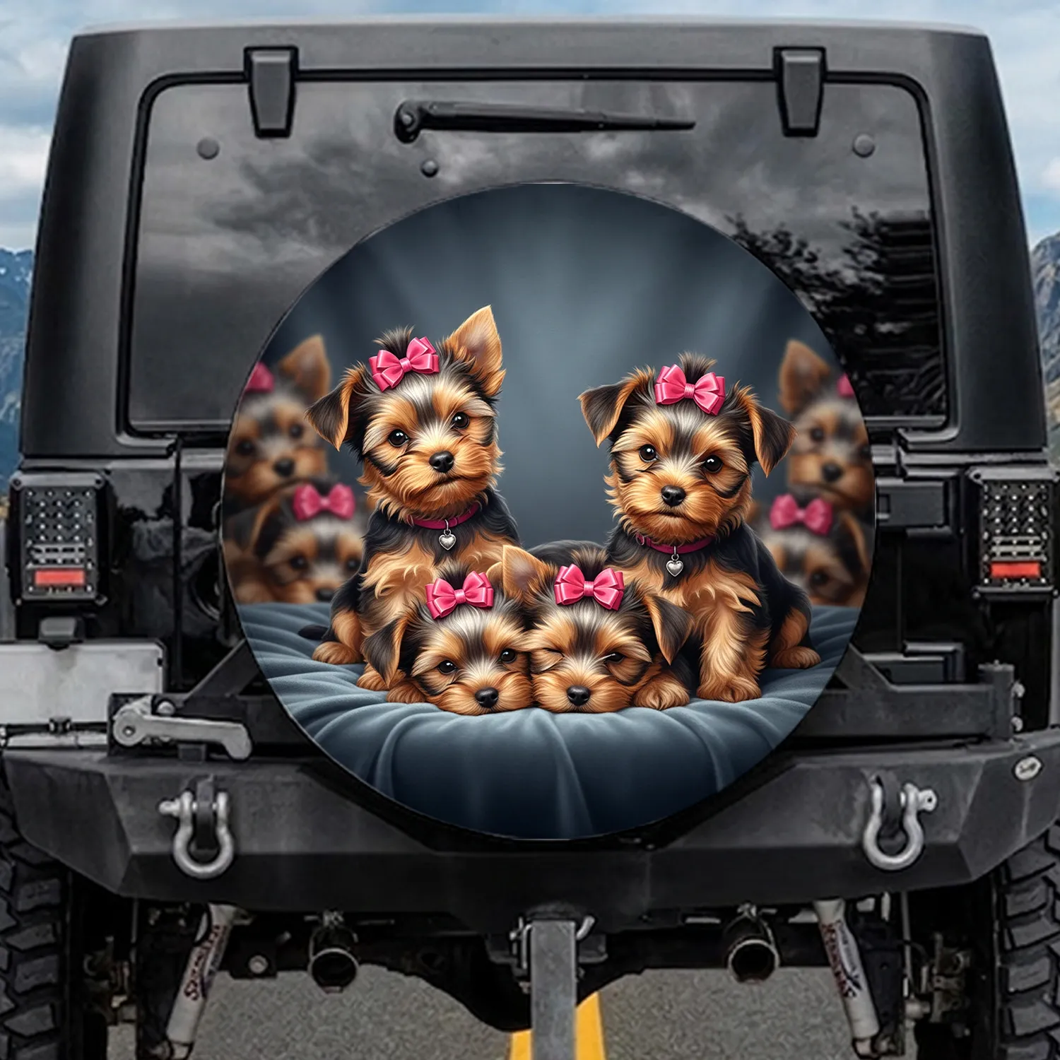 Yorkshire Terrier Puppies Pink Bows - Dog Lover Decor Gift for Pet Parents Spare Tire Cover - 1