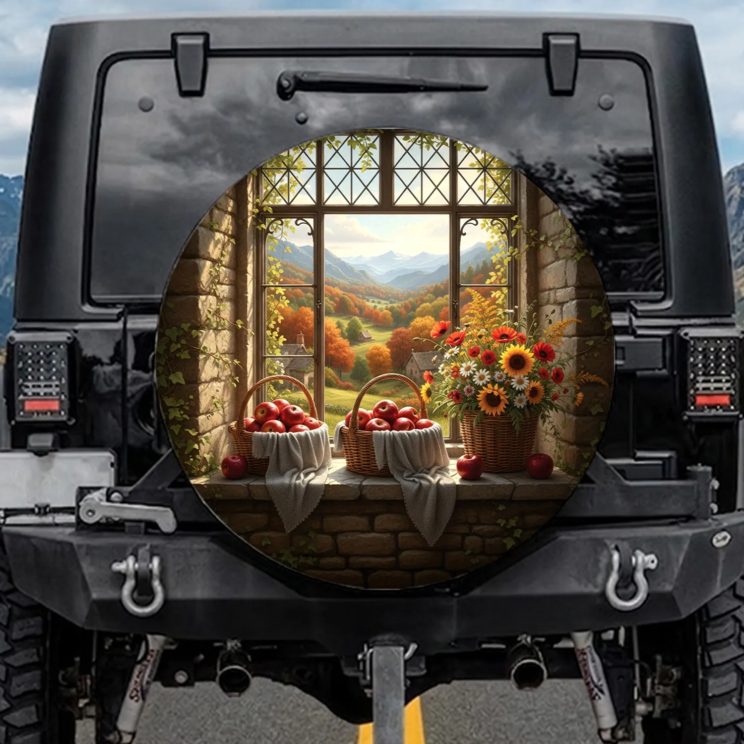 Stone Window Baskets Red Apples Wildflowers Autumn View - Farmhouse Decor Gift Spare Tire Cover - 1