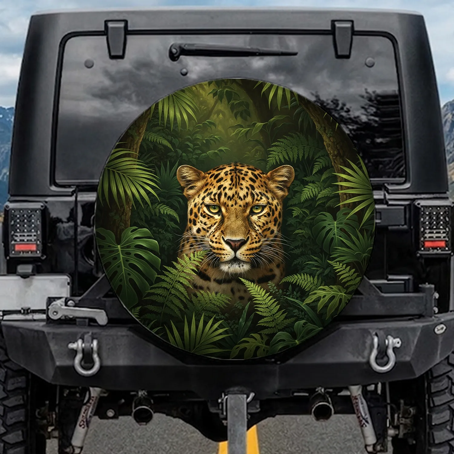 Leopard Jungle Fern Tropical Foliage - Wildlife Lover Gift for Leopard Lover Spare Tire Cover - 1