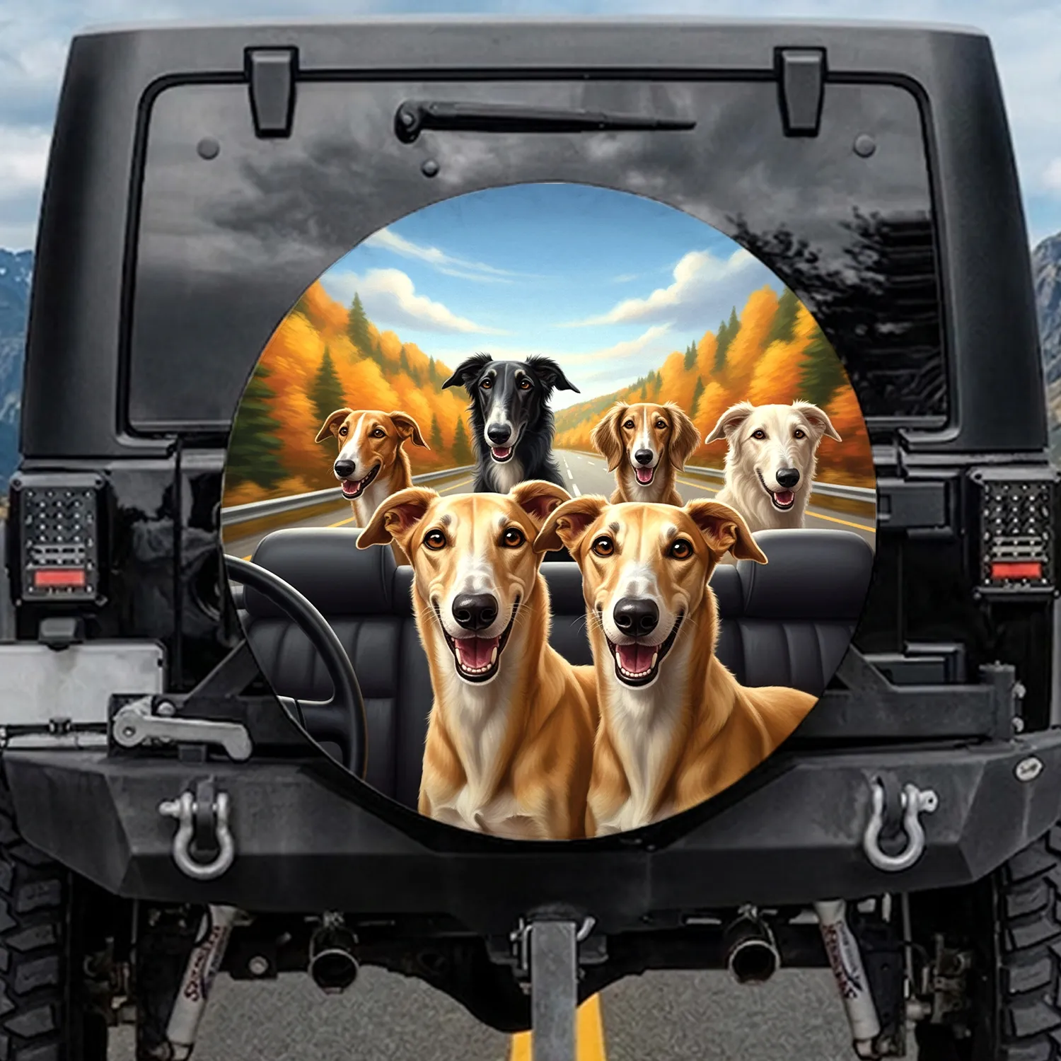 Sighthound Dogs Autumn Highway Travel Scene - Dog Lover Road Trip Essentials Spare Tire Cover - 1