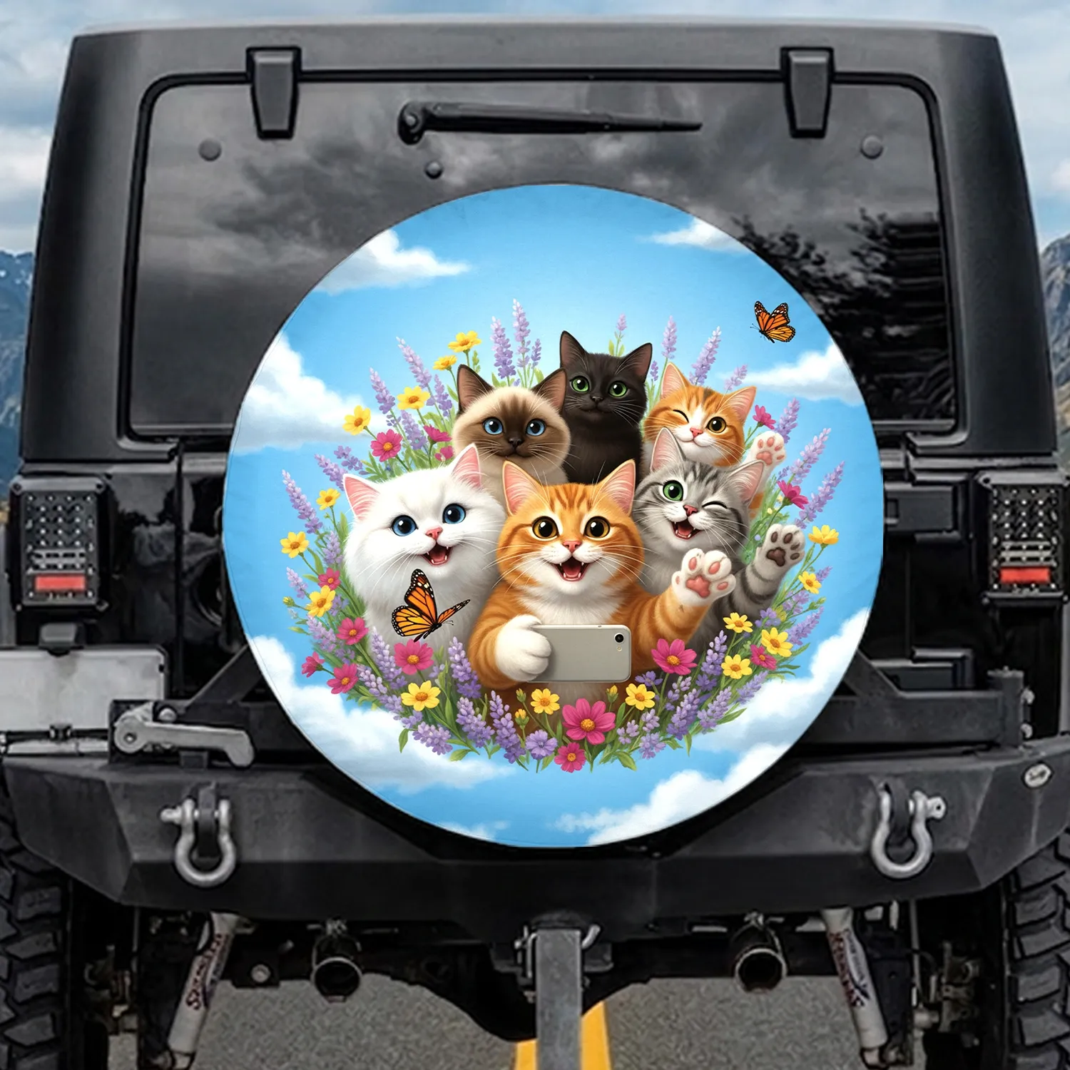 Six Domestic Cats Wildflower Meadow Monarch Butterfly - Cat Lover Decor Gift Spare Tire Cover - 1