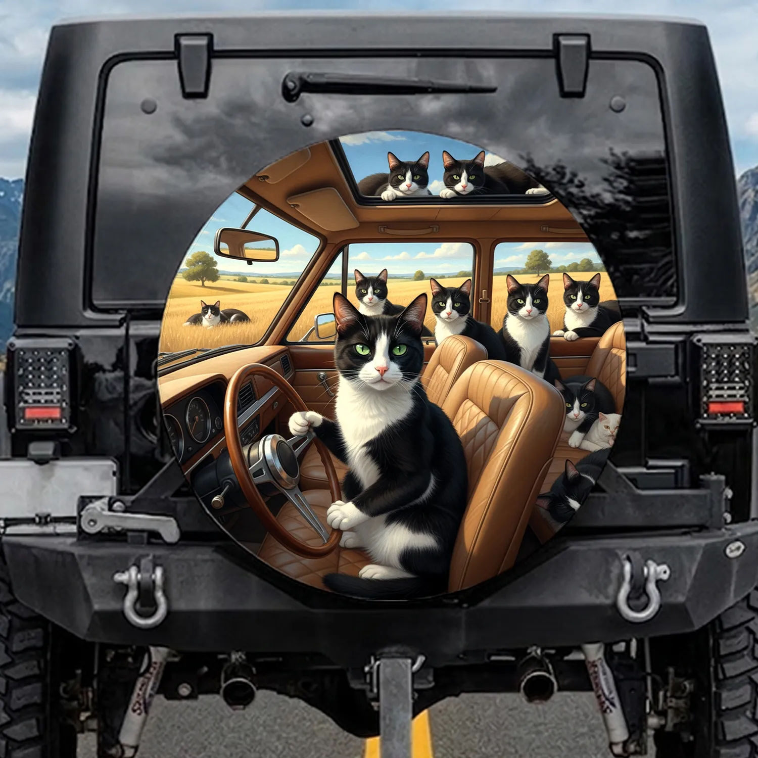 Tuxedo Cats Driving Luxury Car Golden Landscape - Cat Lover Travel Gift Spare Tire Cover - 1