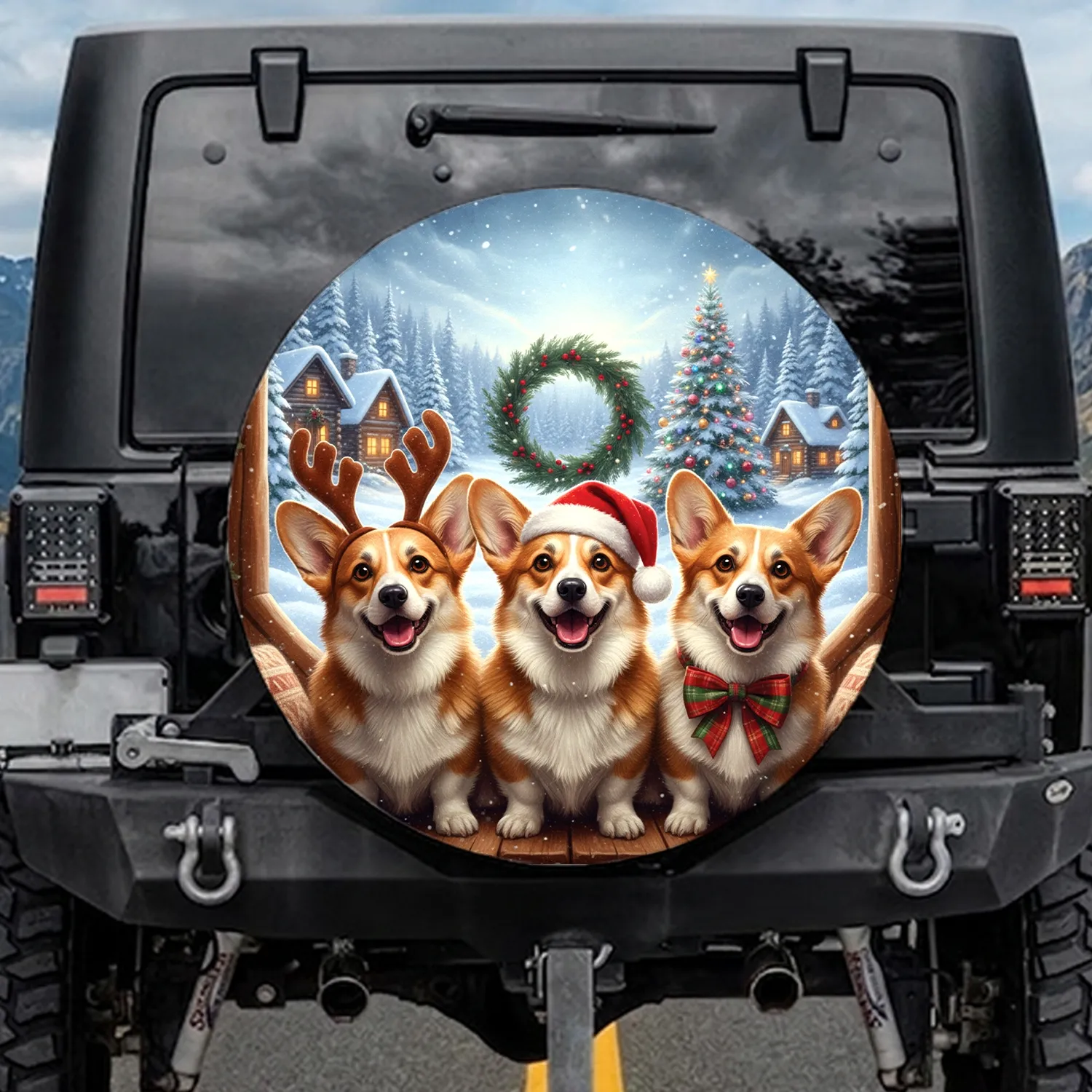 Corgis Santa Hat Antlers Christmas Wreath Winter Scene - Christmas Gift for Corgi Lover Spare Tire Cover - 1
