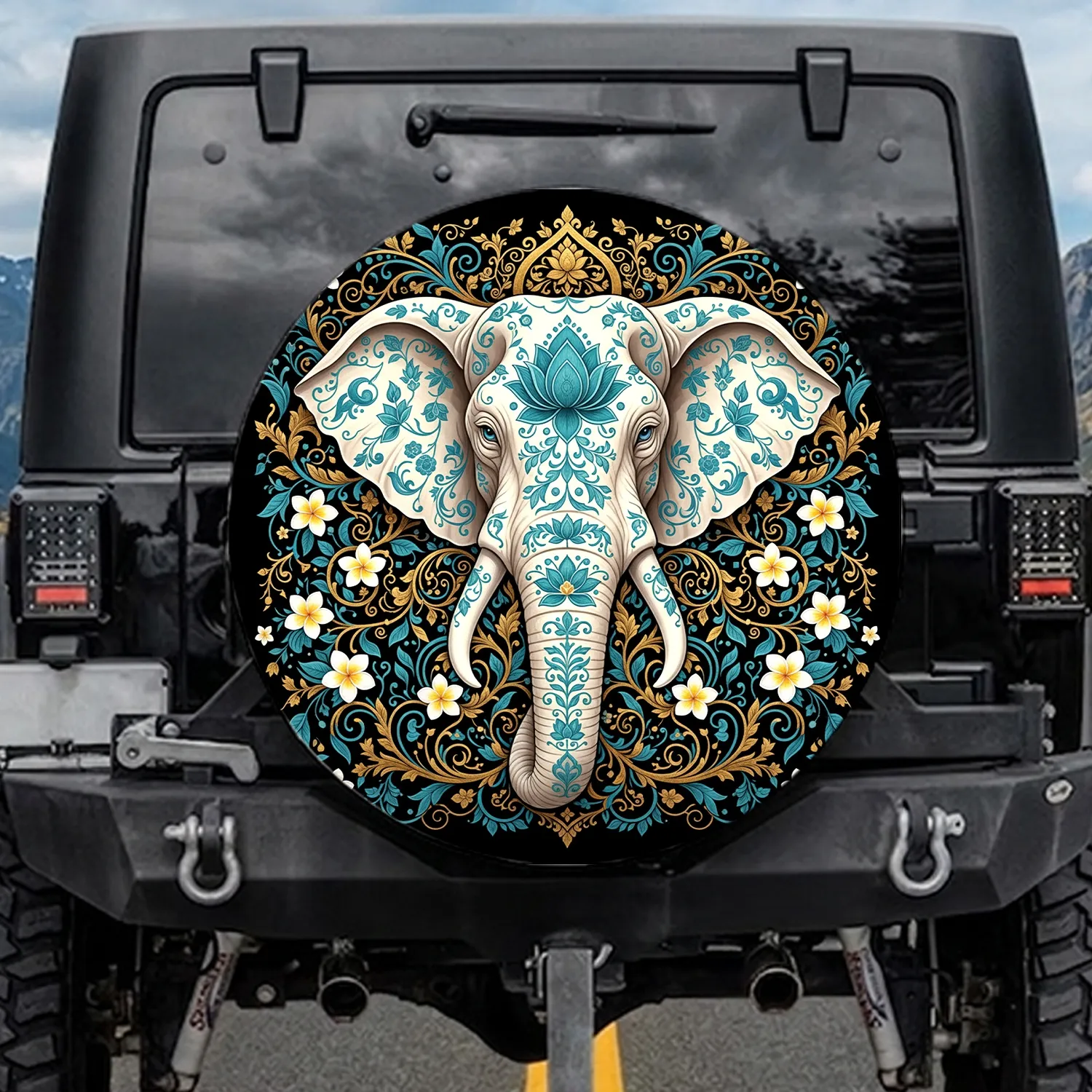 Ivory White Elephant Gold Teal Lotus Floral - Sophisticated Decor Gift Spare Tire Cover - 1