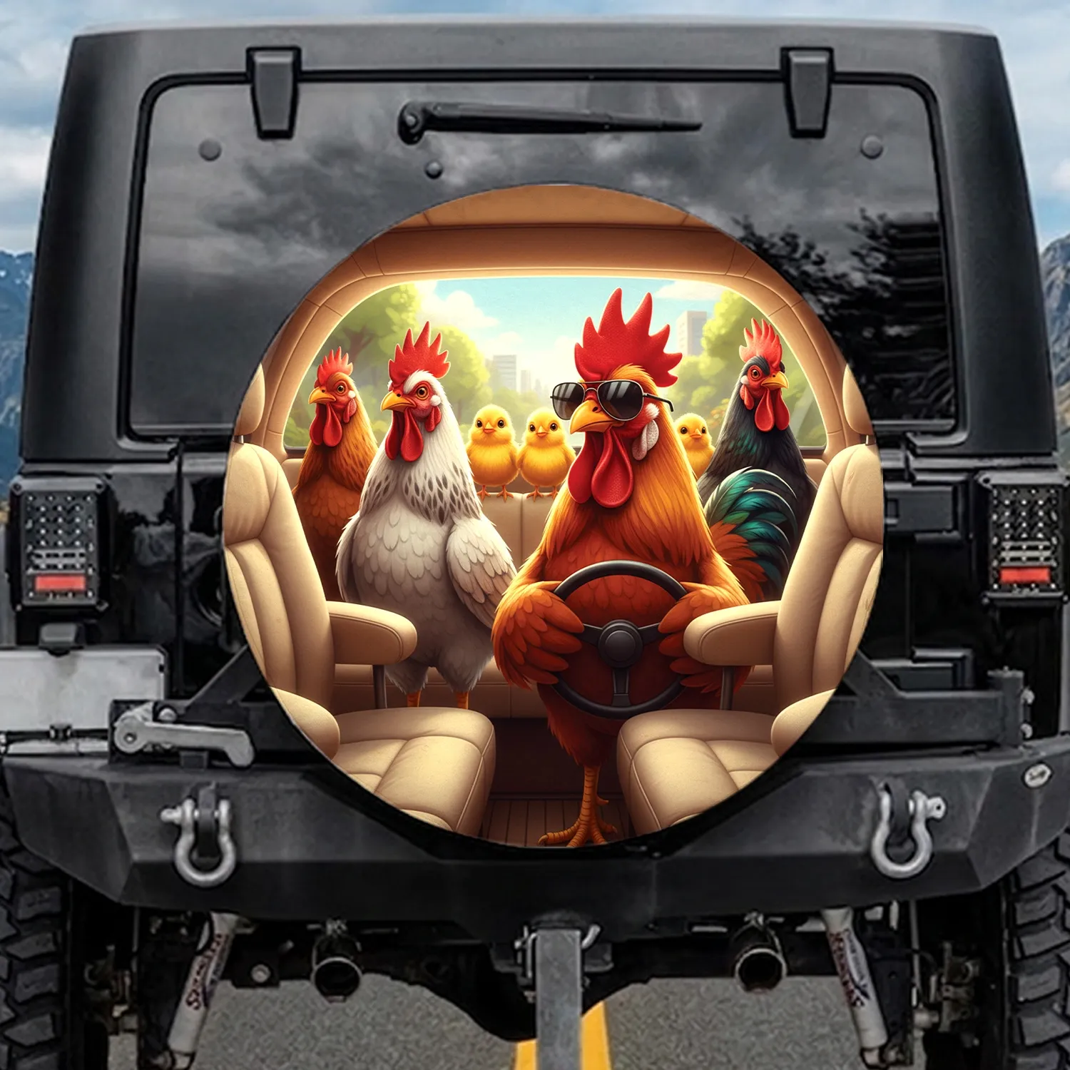 Rooster Chicks Driving Road Trip - Farmhouse Decor Bird Lover Gift Spare Tire Cover - 1