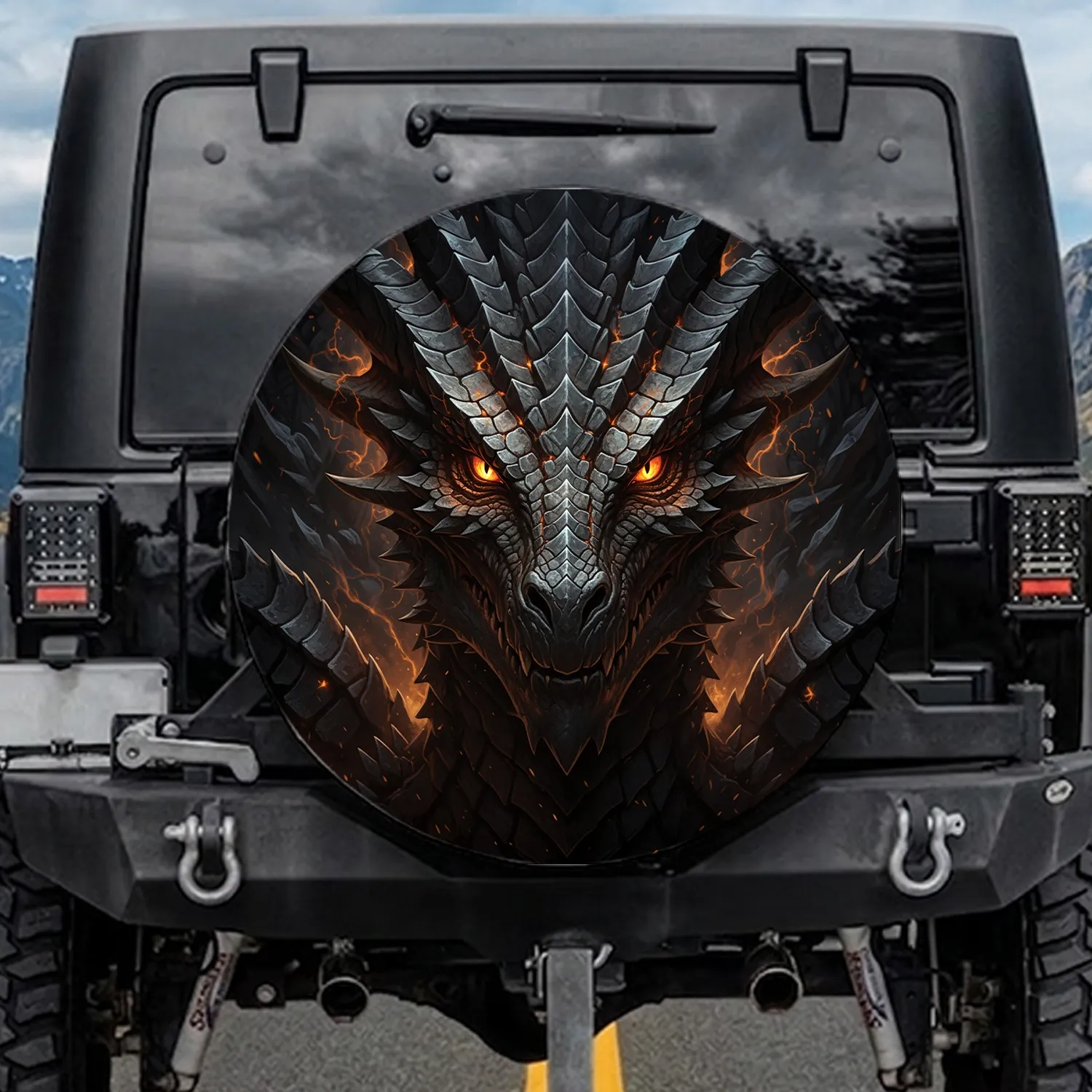 Formidable Dragon Head Fiery Orange Eyes Obsidian Scales - Fantasy Lover Gift Spare Tire Cover - 1