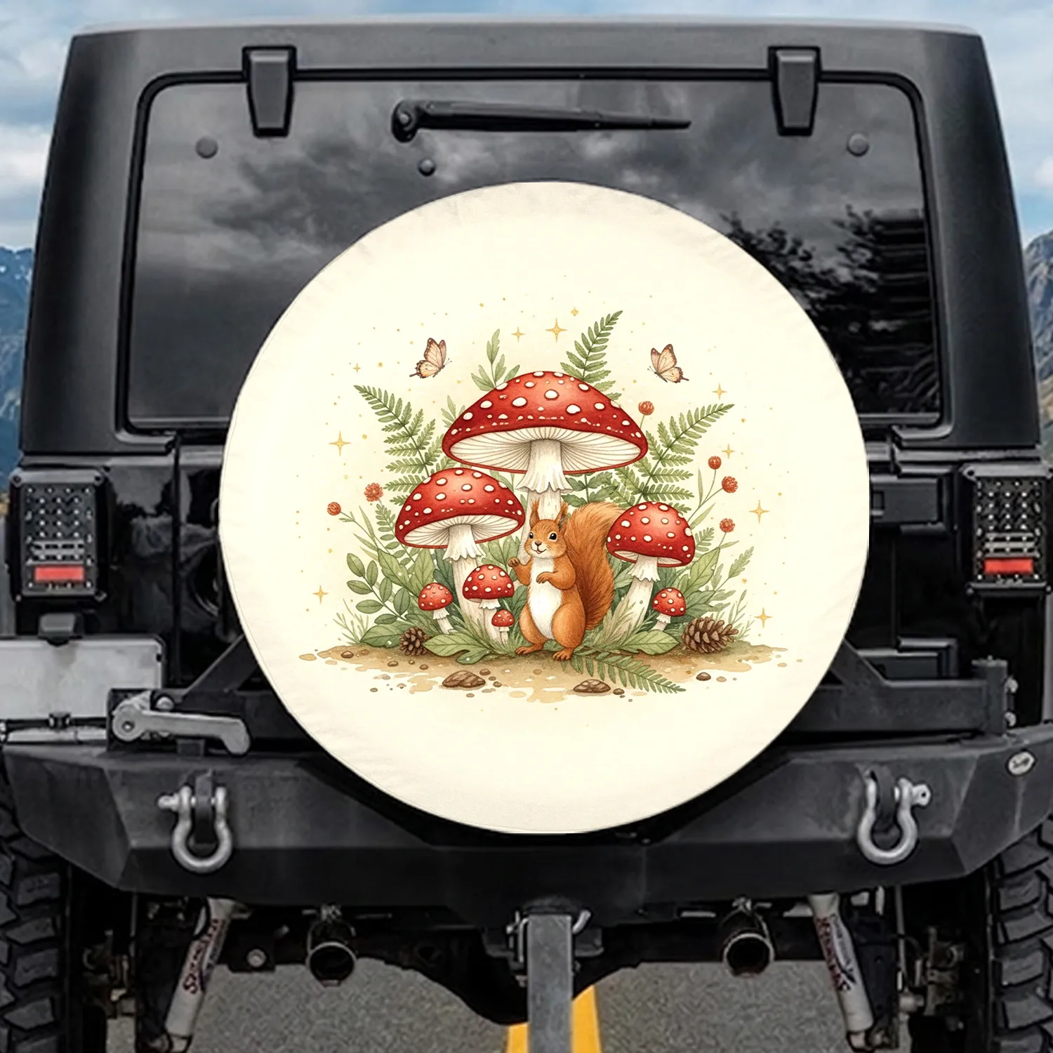Red Squirrel Spotted Mushrooms Butterflies Forest - Nature Lover Gift Spare Tire Cover - 1