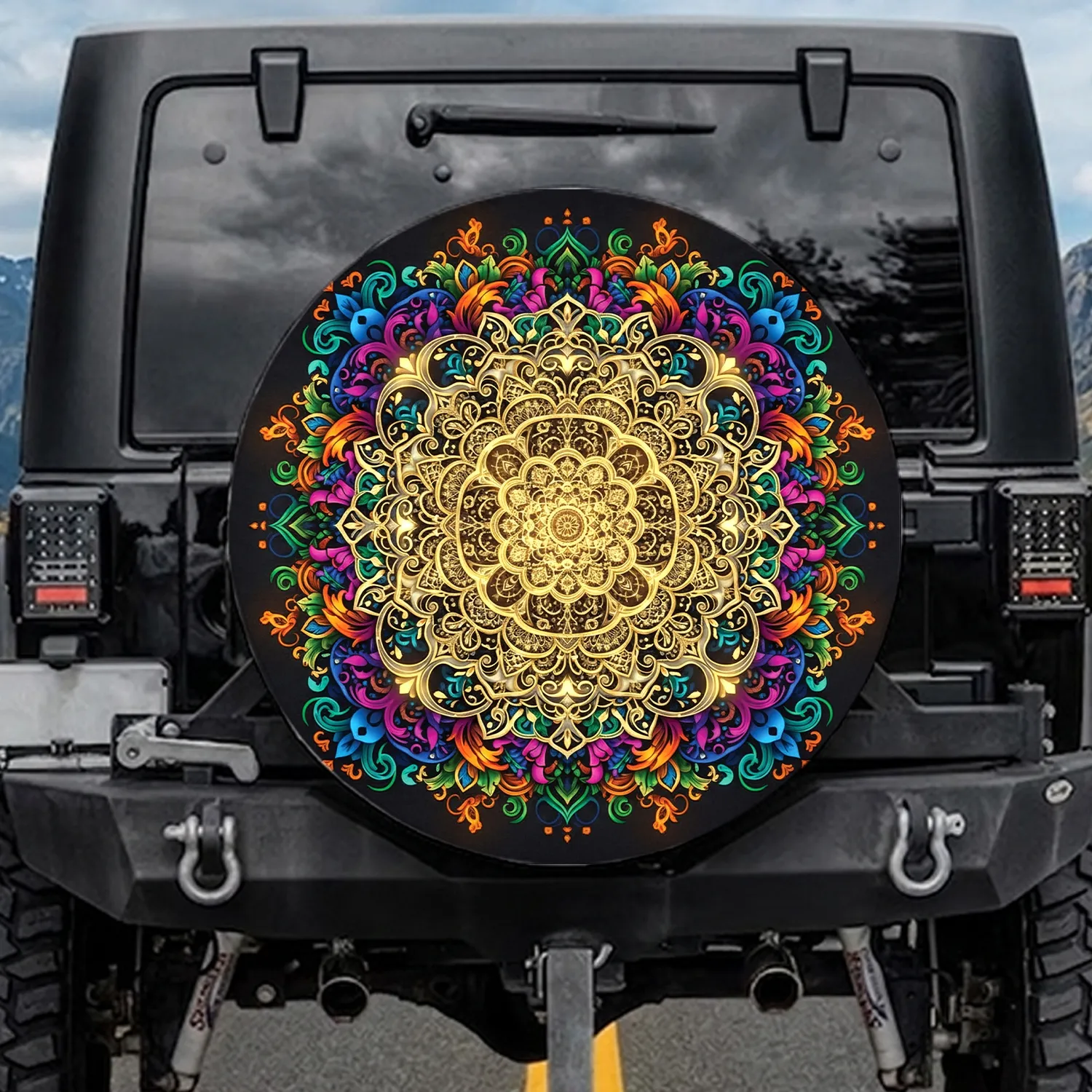 Golden Mandala Floral Paisley Home Decor Gift for Yoga Lovers Spare Tire Cover - 1