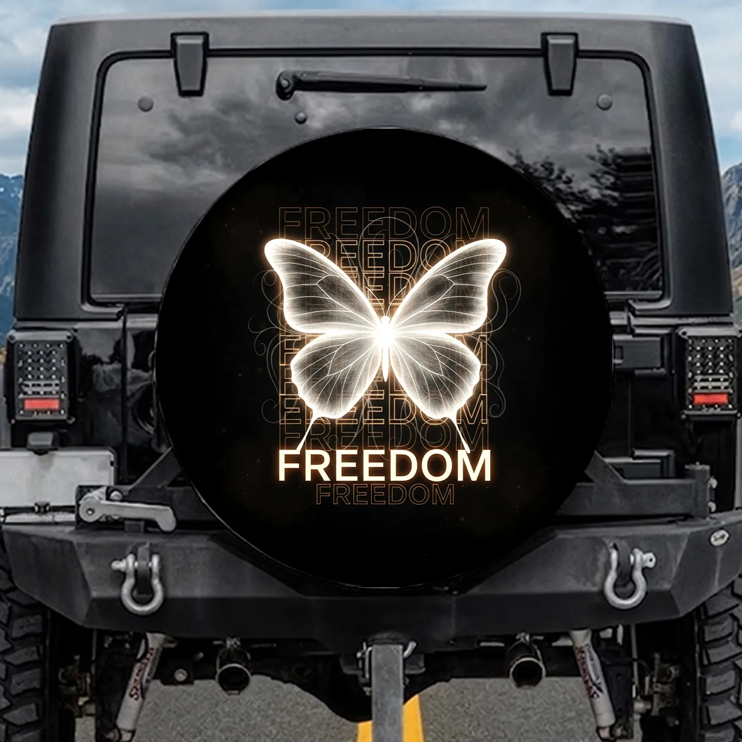 Majestic Luminous White Butterfly Delicate Veins Glowing Amber Freedom Text - Wildlife Lover Gift Spare Tire Cover - 1
