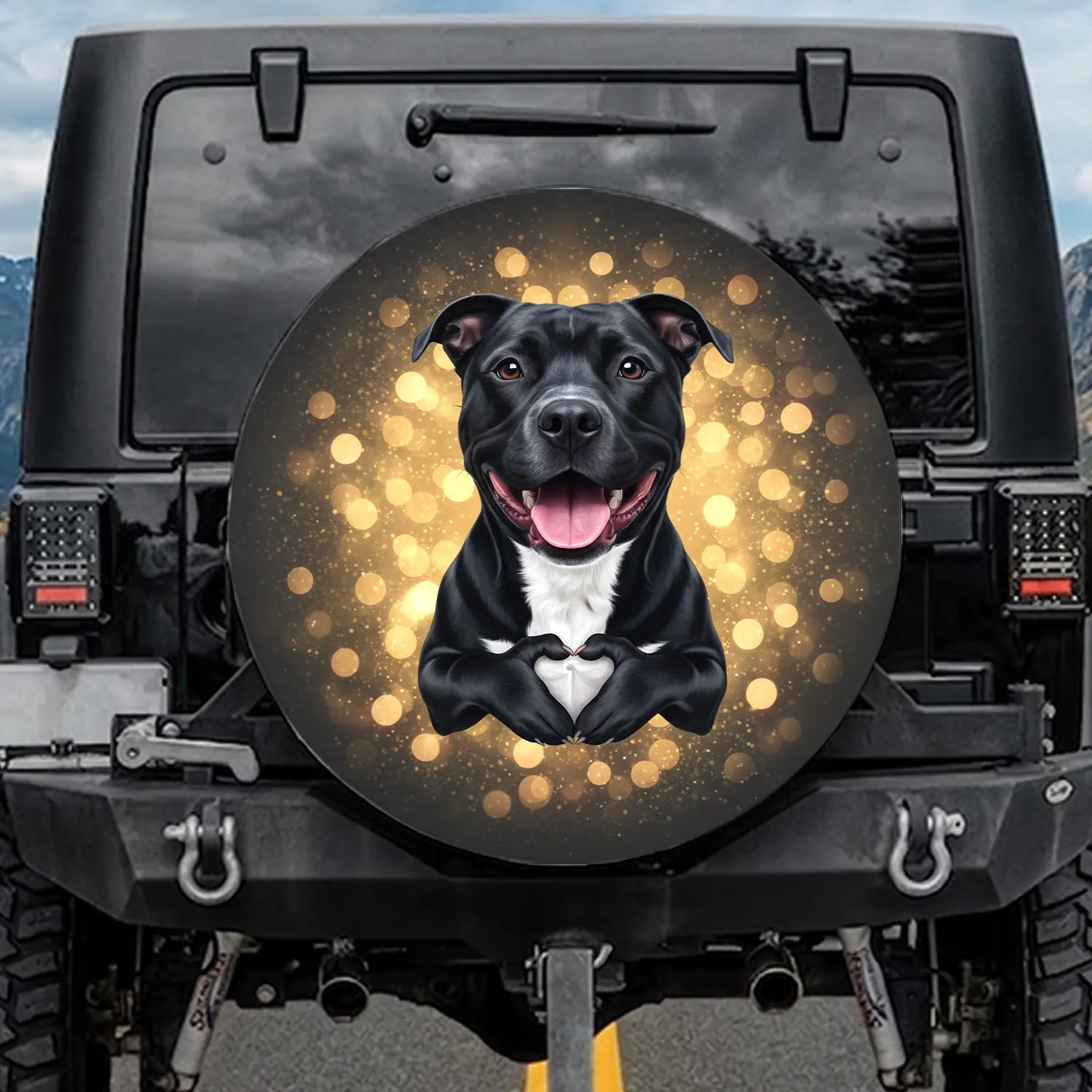 Black Pit Bull Dog Heart Paws Glowing Lights - Pet Owner Gift for Dog Lovers Spare Tire Cover - 1