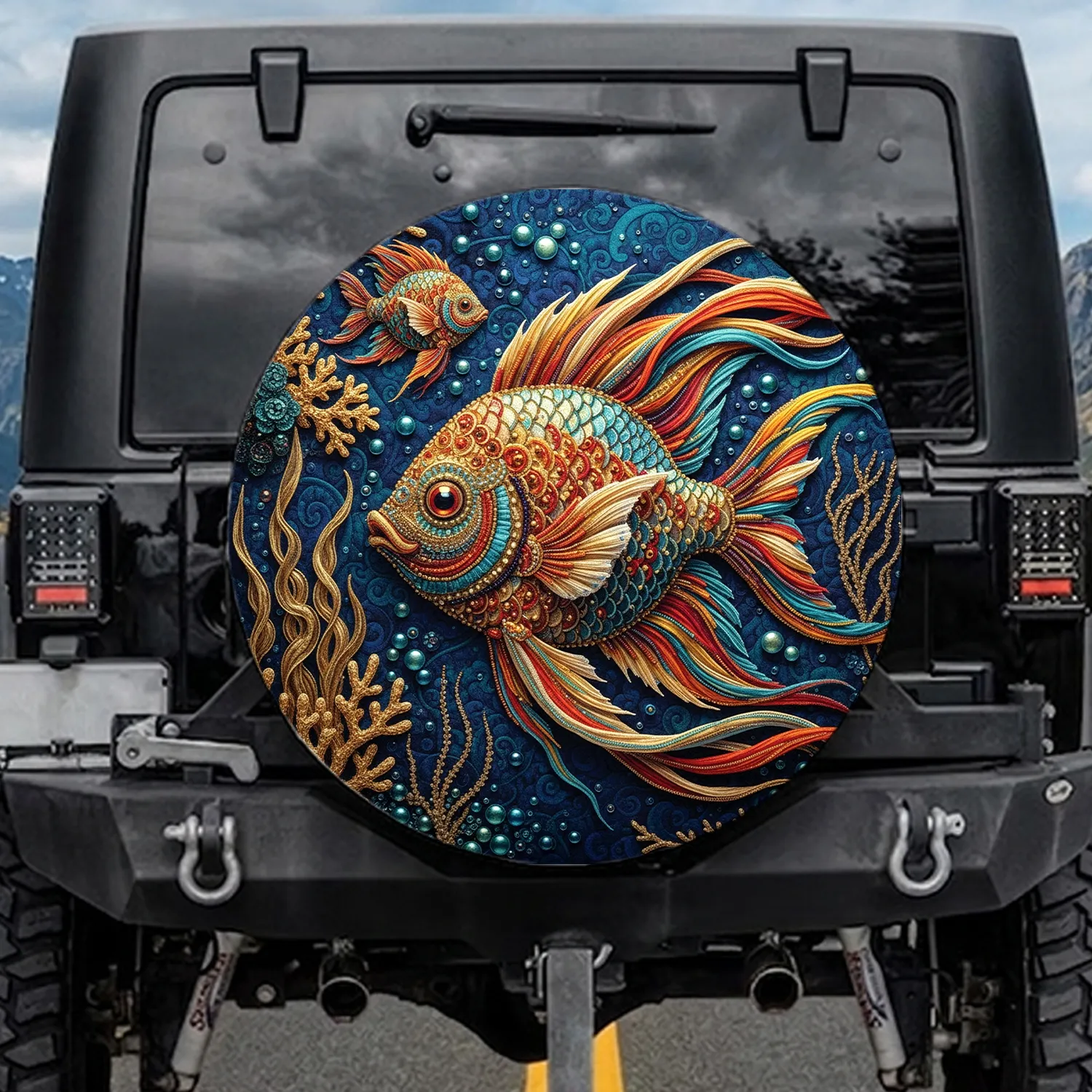 Tropical Fish Golden Coral Seaweed Quilted Fabric Spare Tire Cover - 1