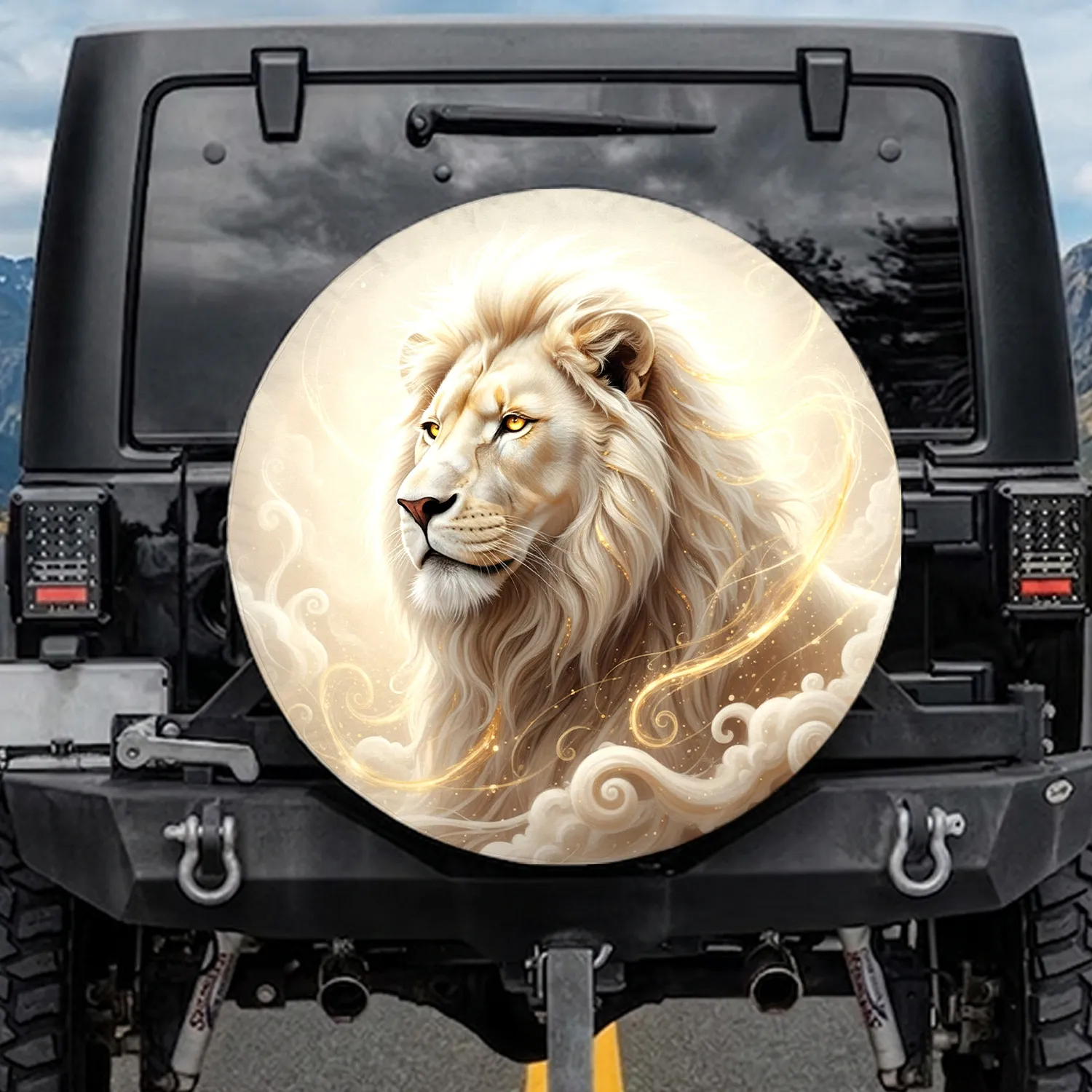 Majestic White Lion Golden Mane Ethereal Golden Light Radiant Background Wildlife Lover Gift Spare Tire Cover - 1