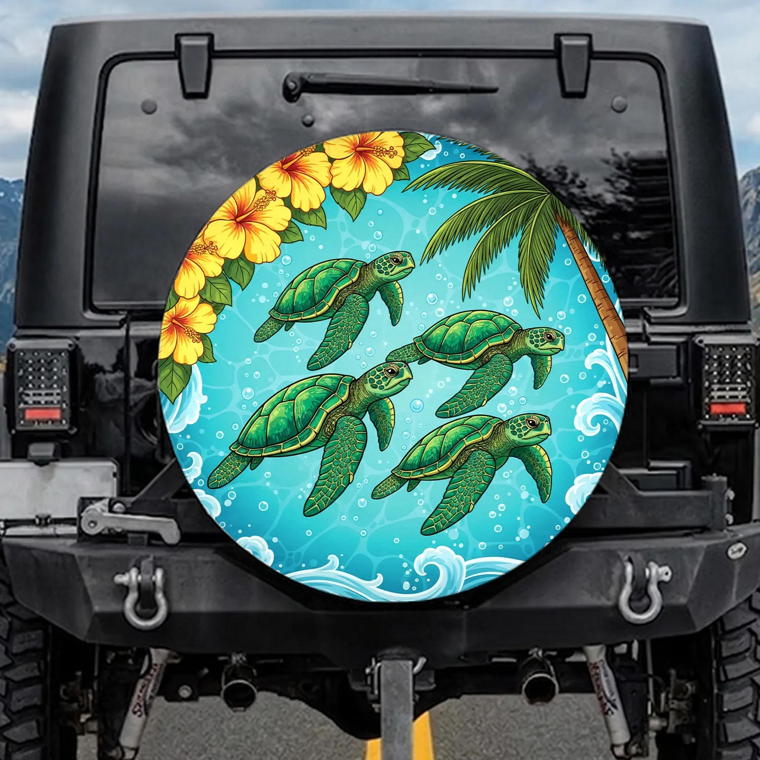 Swimming Green Sea Turtle Tropical Yellow Hibiscus Palm Tree Fronds Ocean Waves - Wildlife Lover Gift Spare Tire Cover - 1