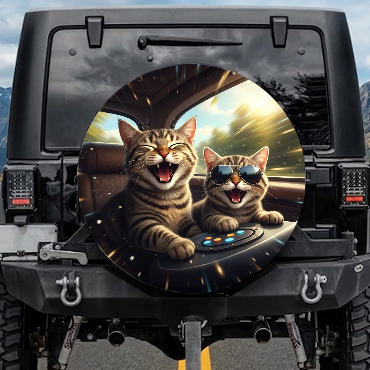 Tabby Cats with Sunglasses Speeding Adventure - Cat Lover Road Trip Gift Spare Tire Cover - 1