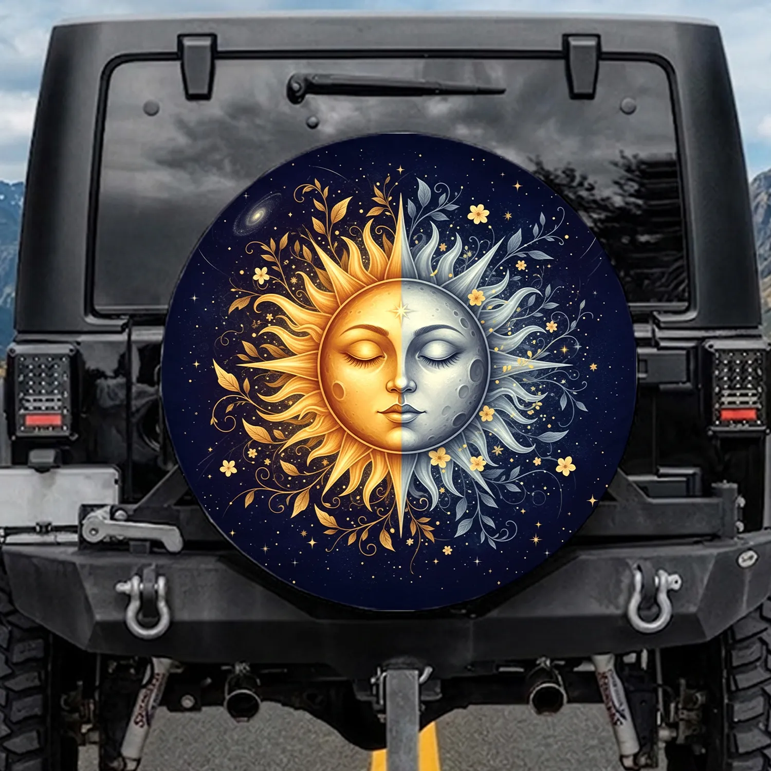 Serene Sun Moon Face Celestial Botanicals Stars - Spiritual Decor Gift Spare Tire Cover - 1