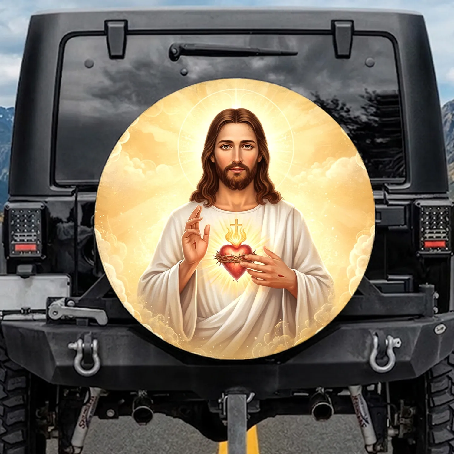 Jesus Christ Sacred Heart Divine Aura Light Rays - Reverent Spiritual Decor Gift Spare Tire Cover - 1