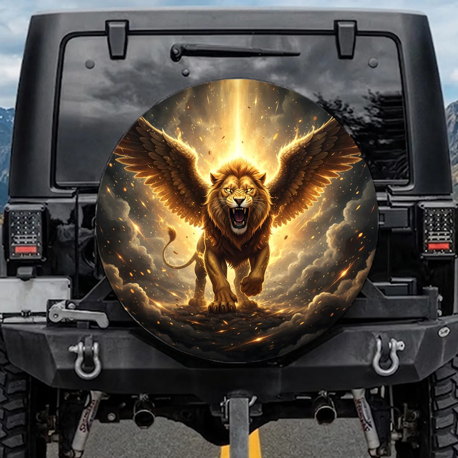 Golden Winged Lion Roaring - Fantasy Art Mythical Beast Lover Gift Spare Tire Cover - 1