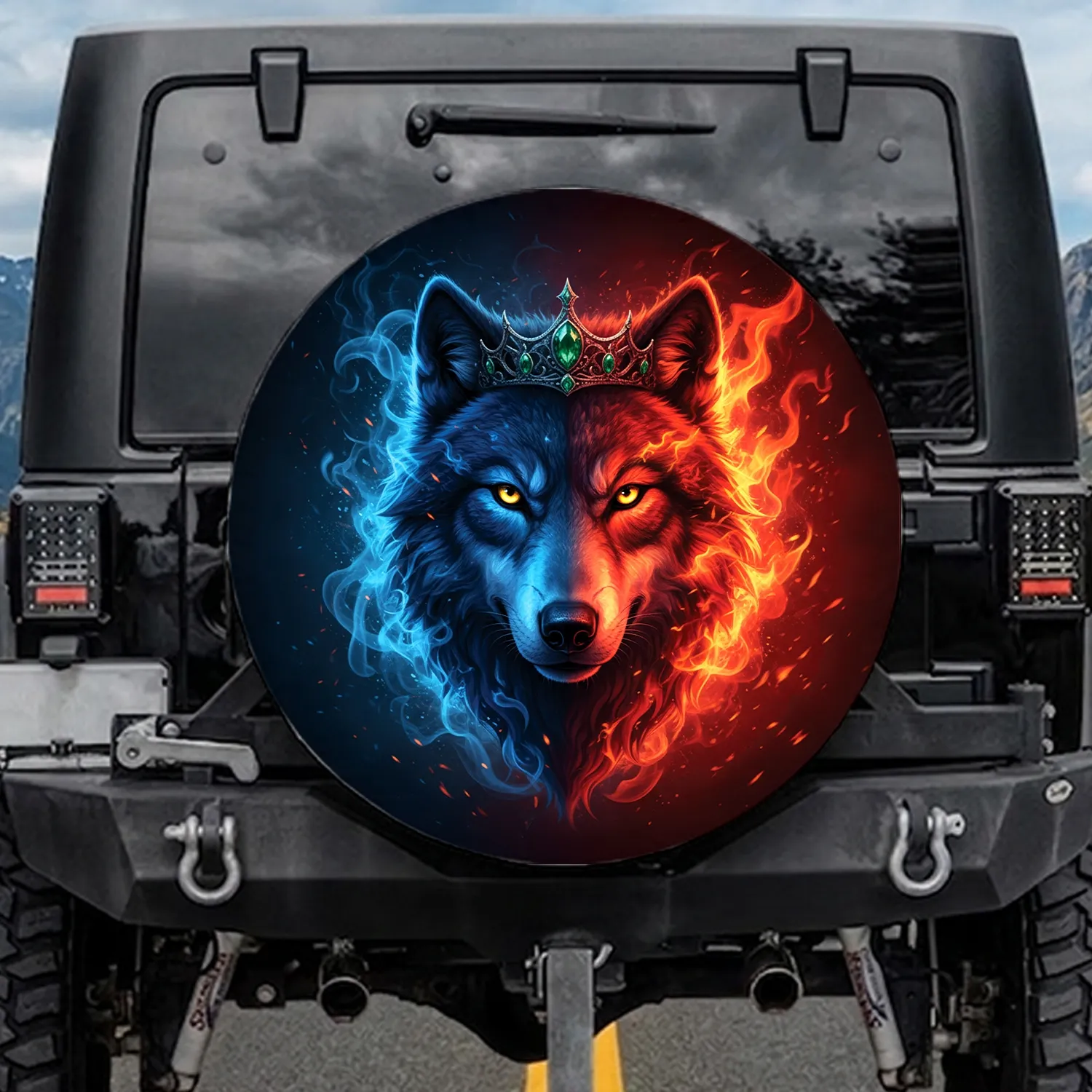 Majestic Split-Face Wolf Ornate Diadem Swirling Smoke Flames - Fantasy Lover Gift Spare Tire Cover - 1