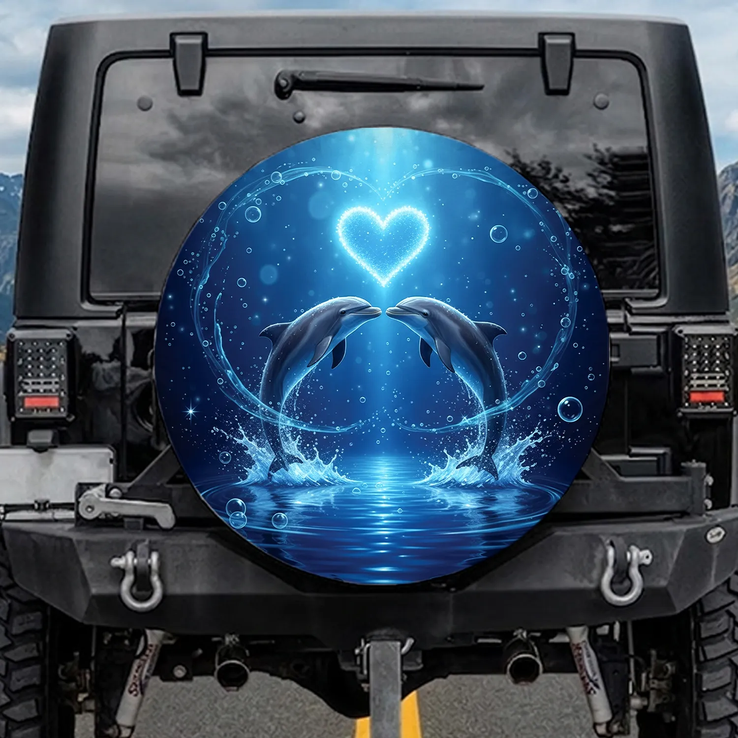 Two Majestic Dolphins Glowing Heart Underwater Dreamscape - Marine Life Gift Spare Tire Cover - 1