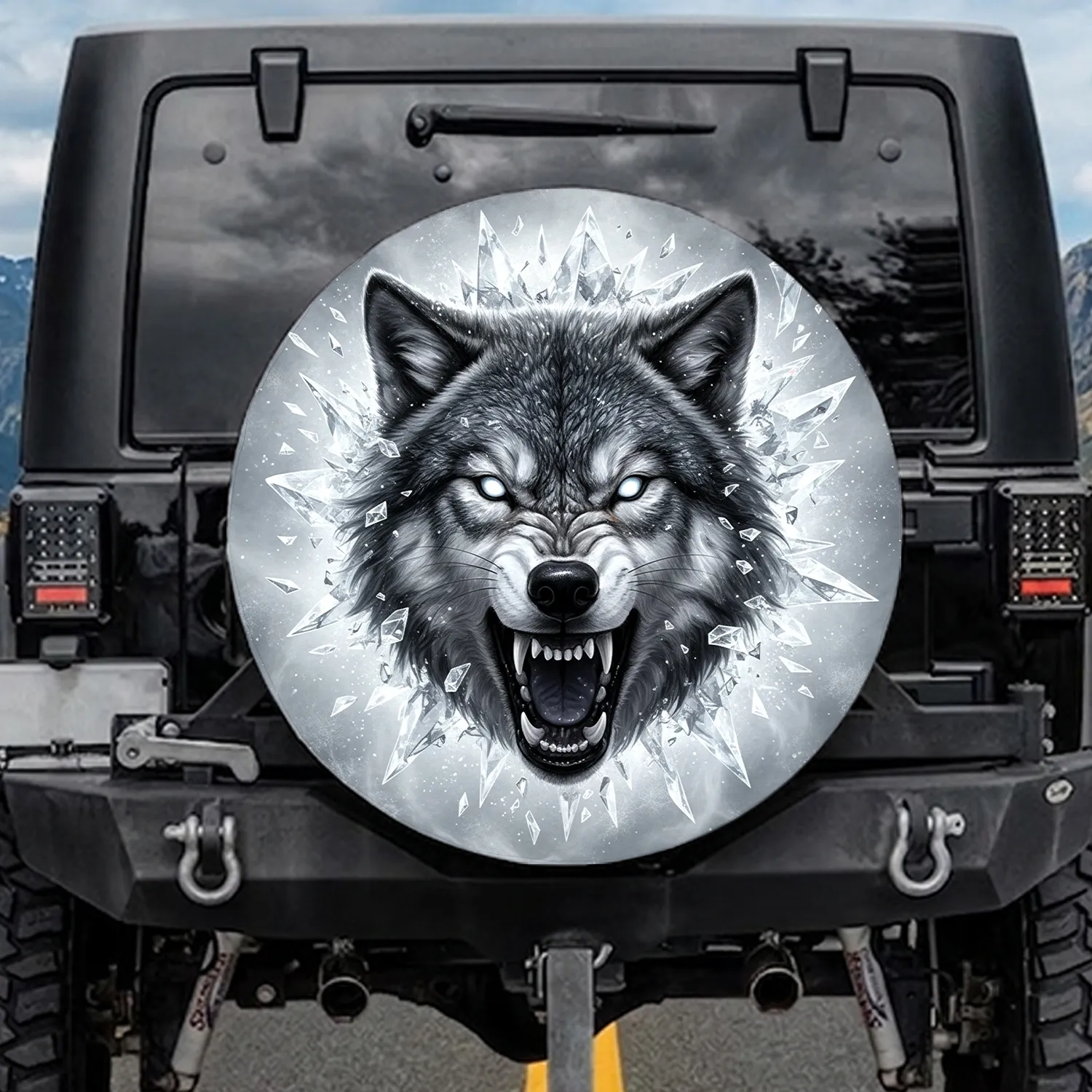 Fierce Snarling Wolf Head Ice Shards Frost Patterns - Wildlife Lover Gift for Nature Lovers Spare Tire Cover - 1