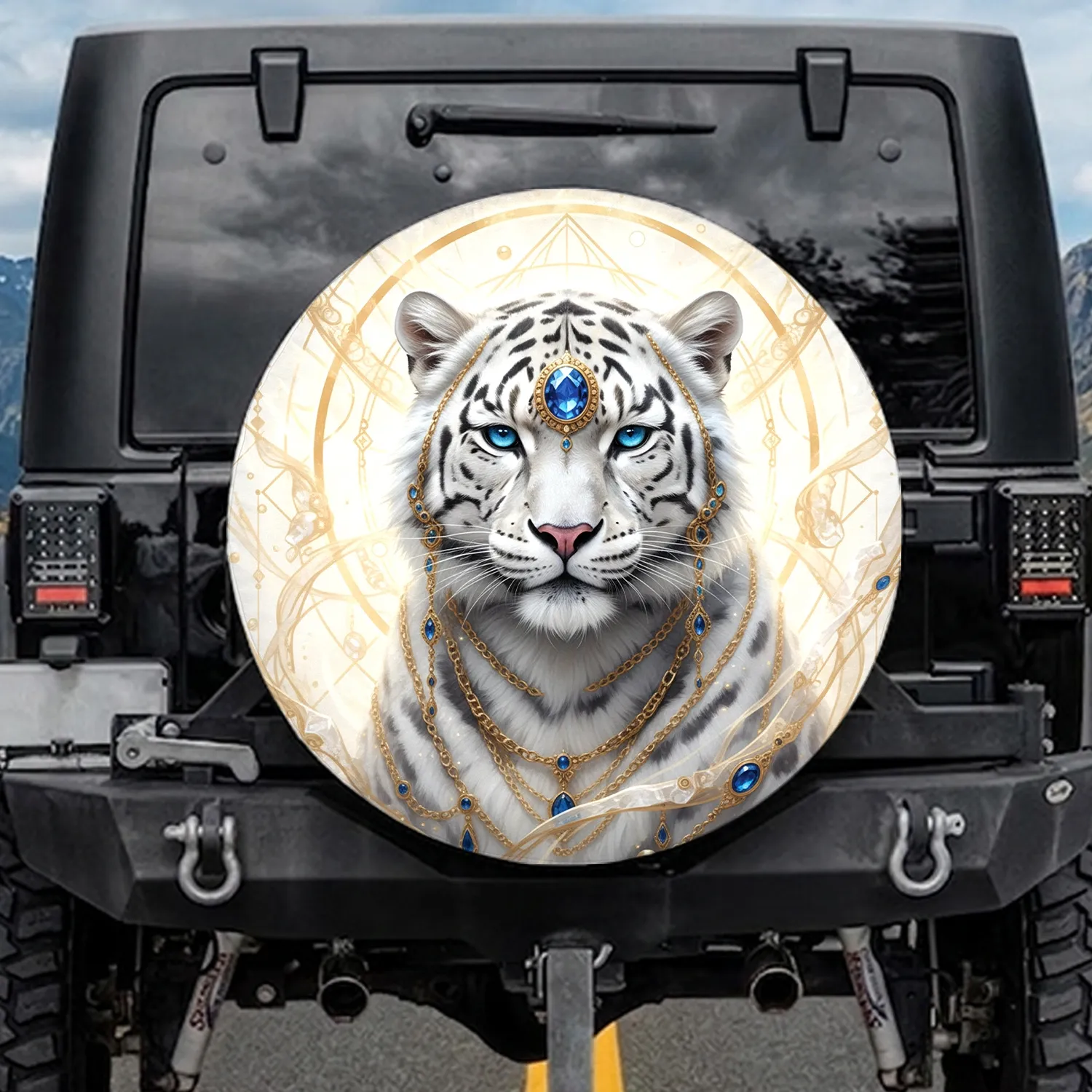 White Snow Leopard Hybrid Gold Jewelry - Wildlife Lover Fantasy Gift Spare Tire Cover - 1