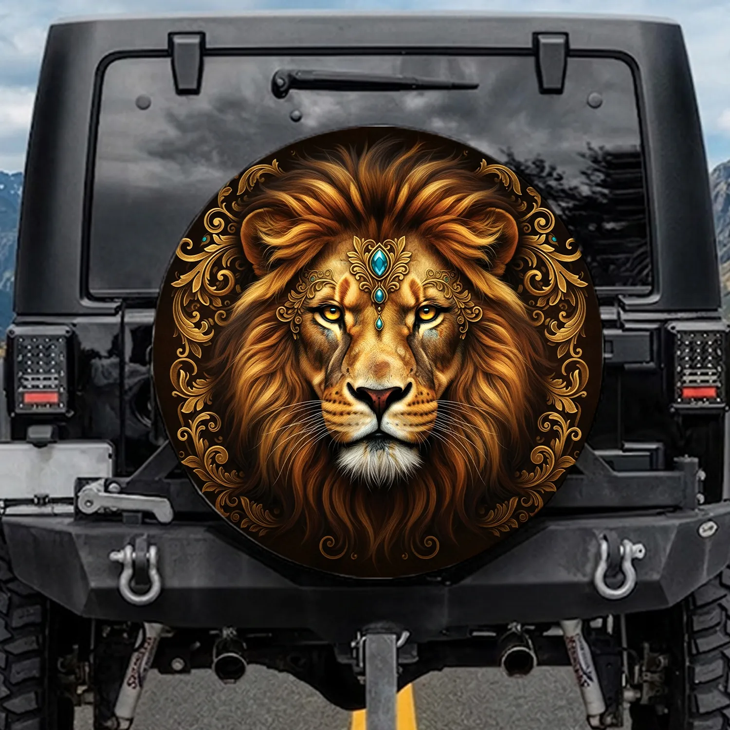 Majestic Lion Head Golden Filigree Teal Jewel Scrollwork - Wildlife Lover Gift Spare Tire Cover - 1