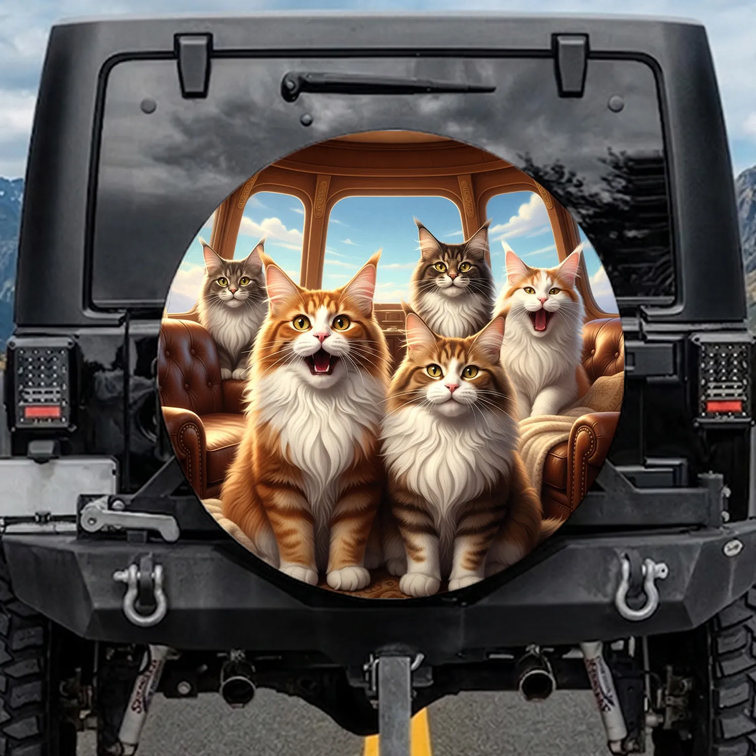 Expressive Fluffy Maine Coon Cats Journey Adventure - Cat Lover Travel Gift Spare Tire Cover - 1