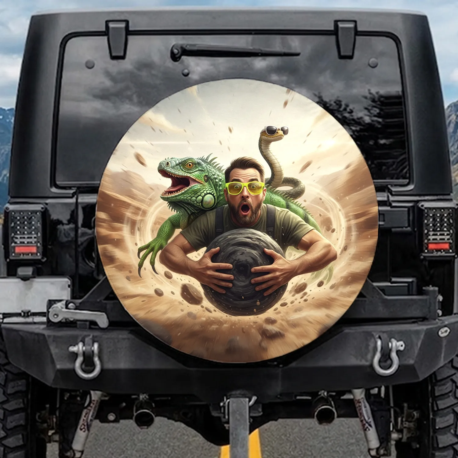 Comical Man Iguana Snake Desert Expedition - Adventure Enthusiast Gift Spare Tire Cover - 1